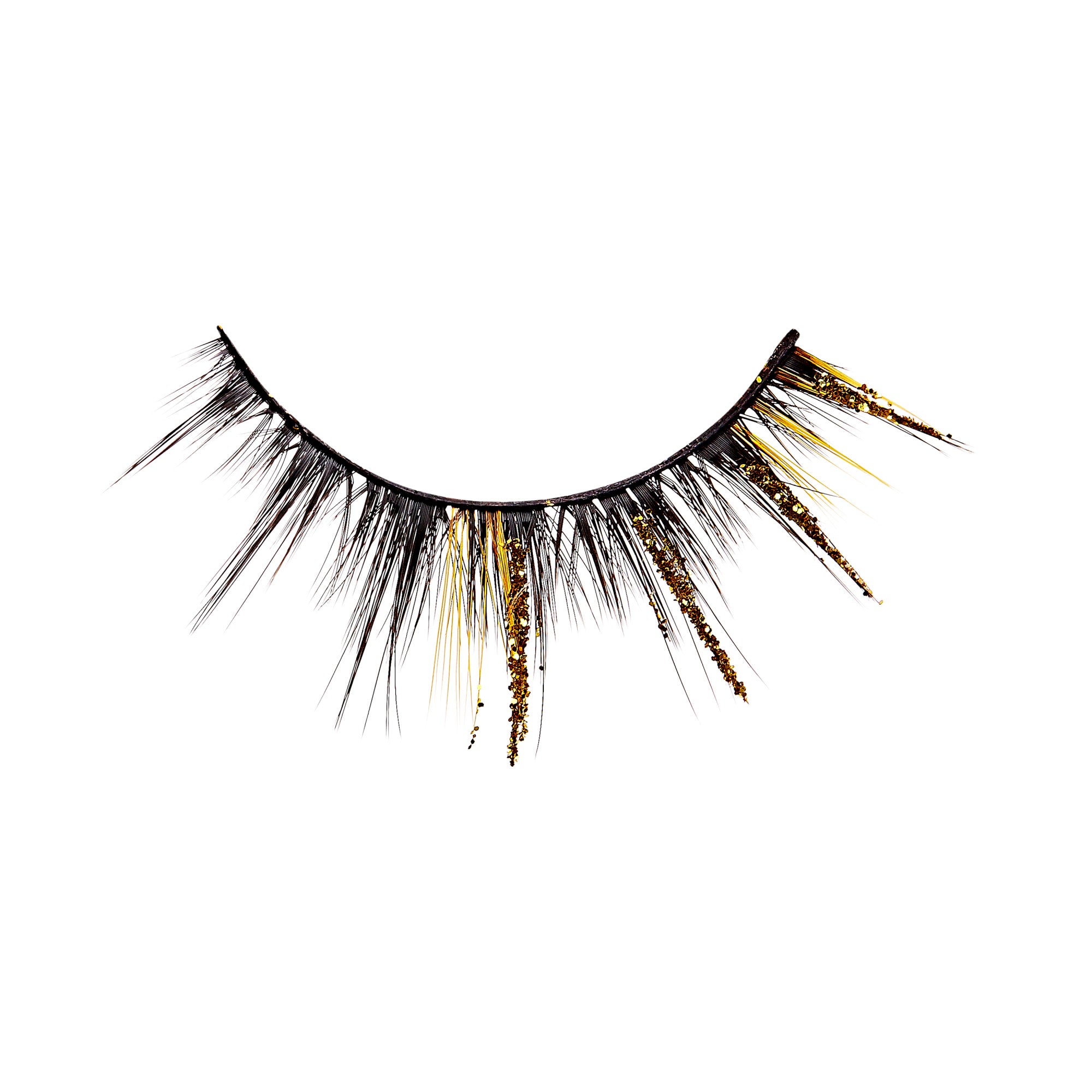 The image shows a single false eyelash. The eyelash is primarily black with a dramatic, voluminous design. It features additional decorative elements, including gold glitter and gold strands interspersed among the black lashes, giving it a striking and glamorous appearance. The lash is curved to fit the natural shape of the eyelid.