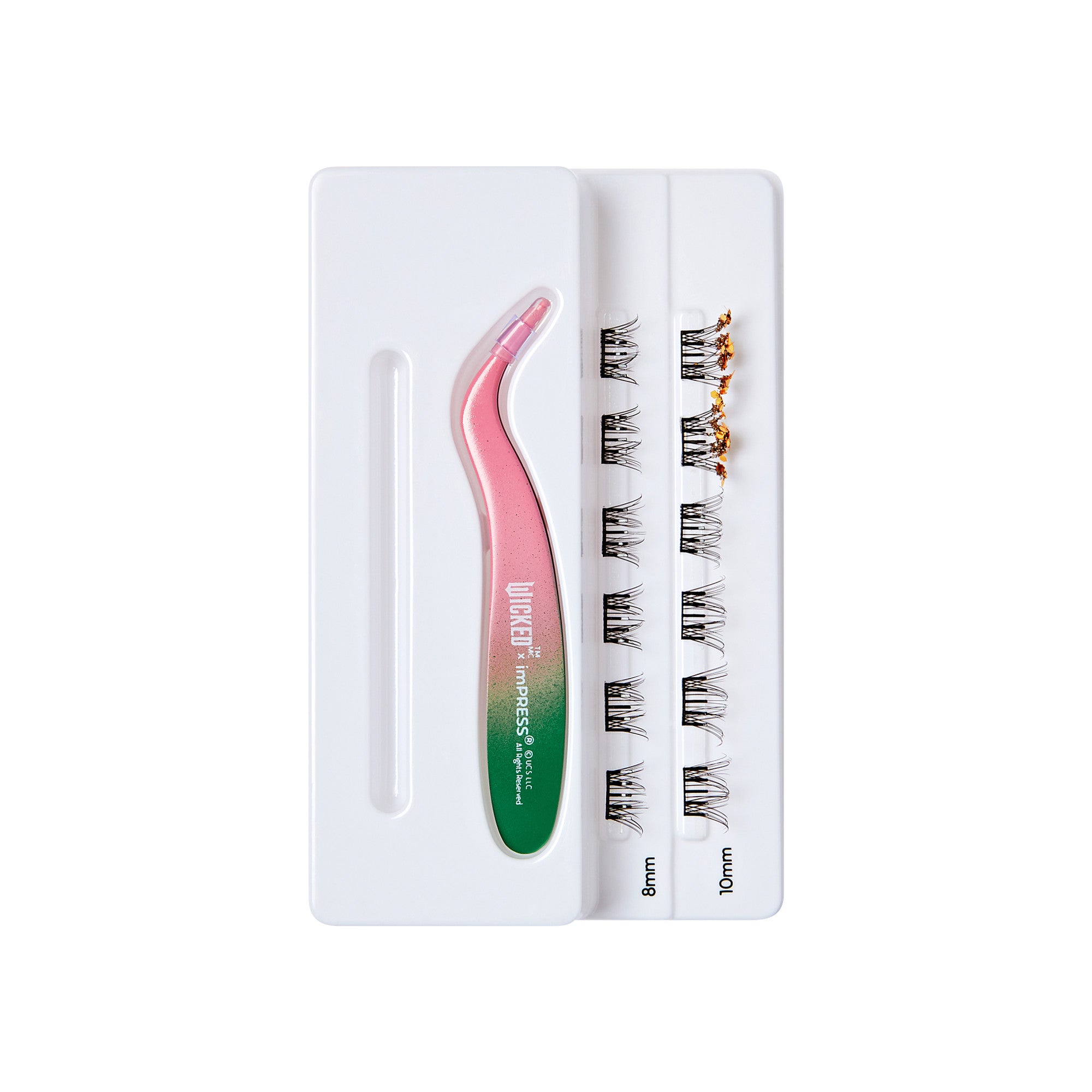 The image features a set of false eyelashes arranged in a white tray. The tray includes two sections labeled with different lengths: 8mm and 10mm. Accompanying the lashes is a pink and green tweezers tool, designed for easy application. The lashes appear to be neatly organized, showcasing a variety of styles for enhancing eye makeup.