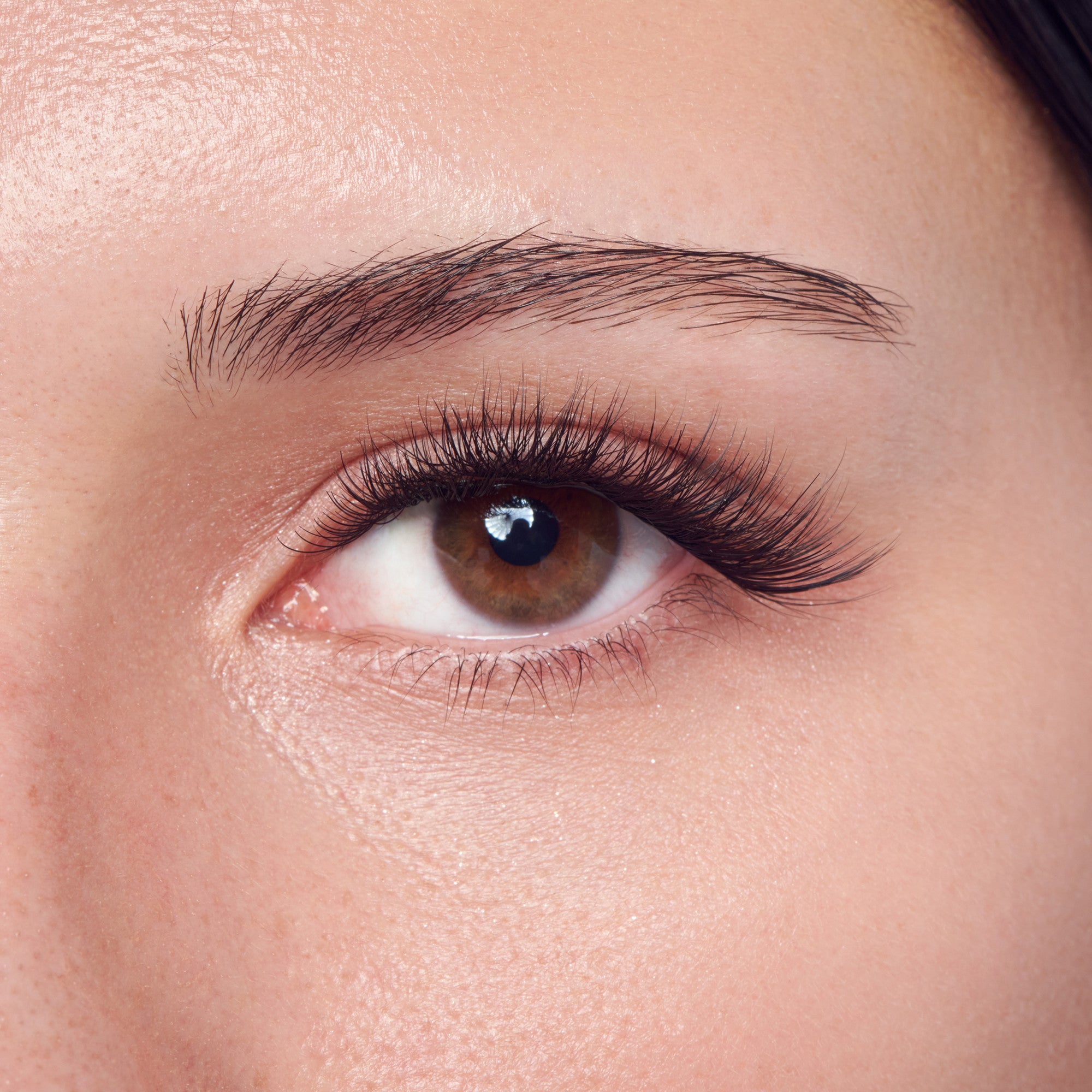 Close-up of an eye with dark brown iris, black eyeliner, and full black lashes against fair skin.