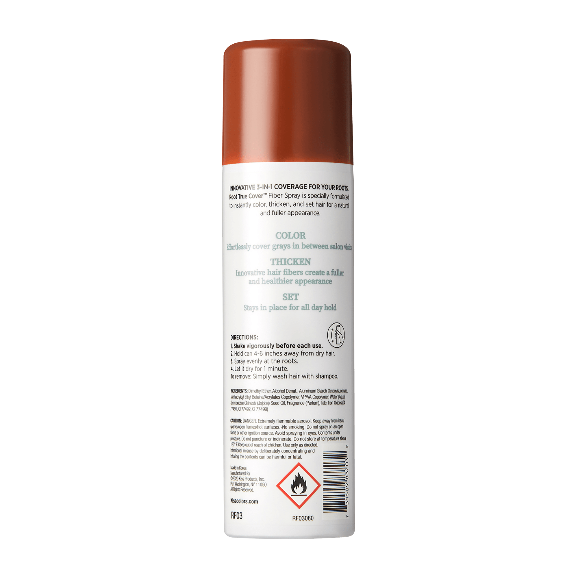 Root True Cover Fiber Spray bottle with instructions and ingredients label visible.