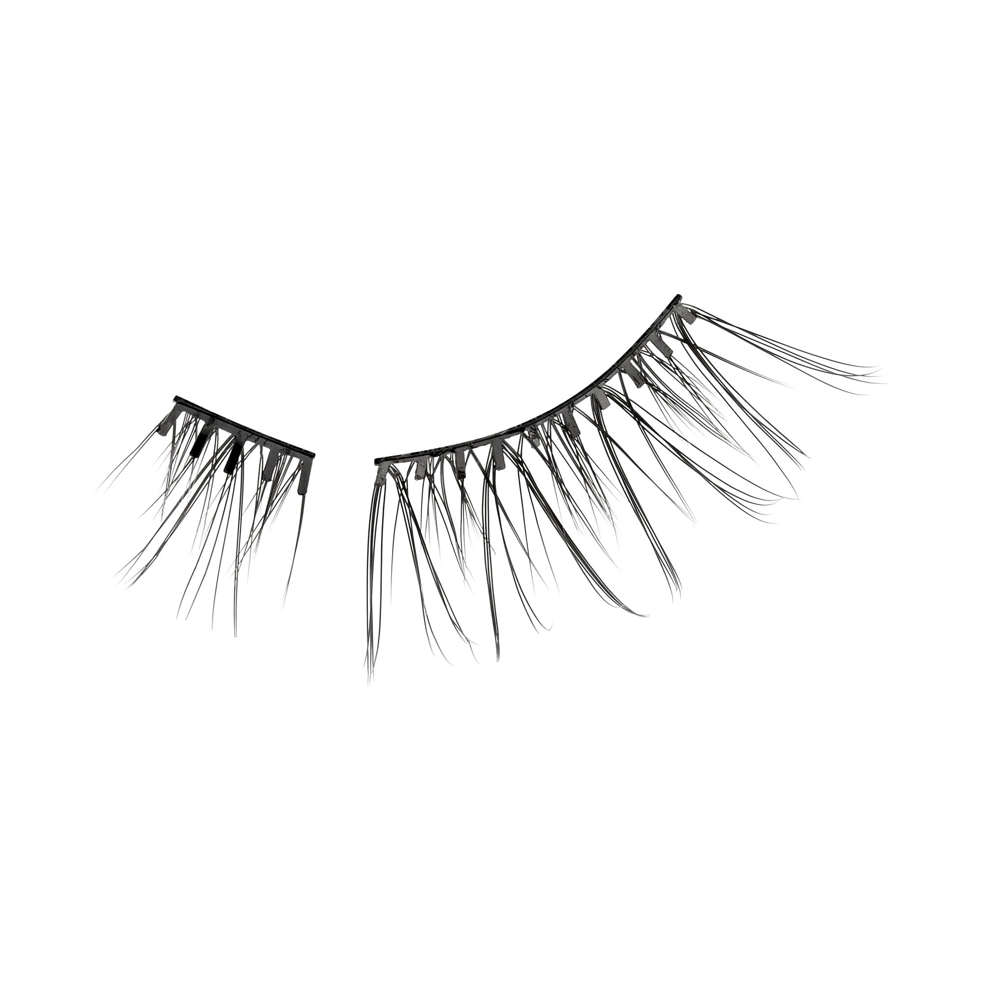 The image features a pair of false eyelashes. One lash strip is longer and more voluminous, while the other is shorter. Both strips are black and have a delicate, feathery appearance, showcasing varying lengths of individual lashes that create a dramatic effect. The background is plain white, emphasizing the lashes&
