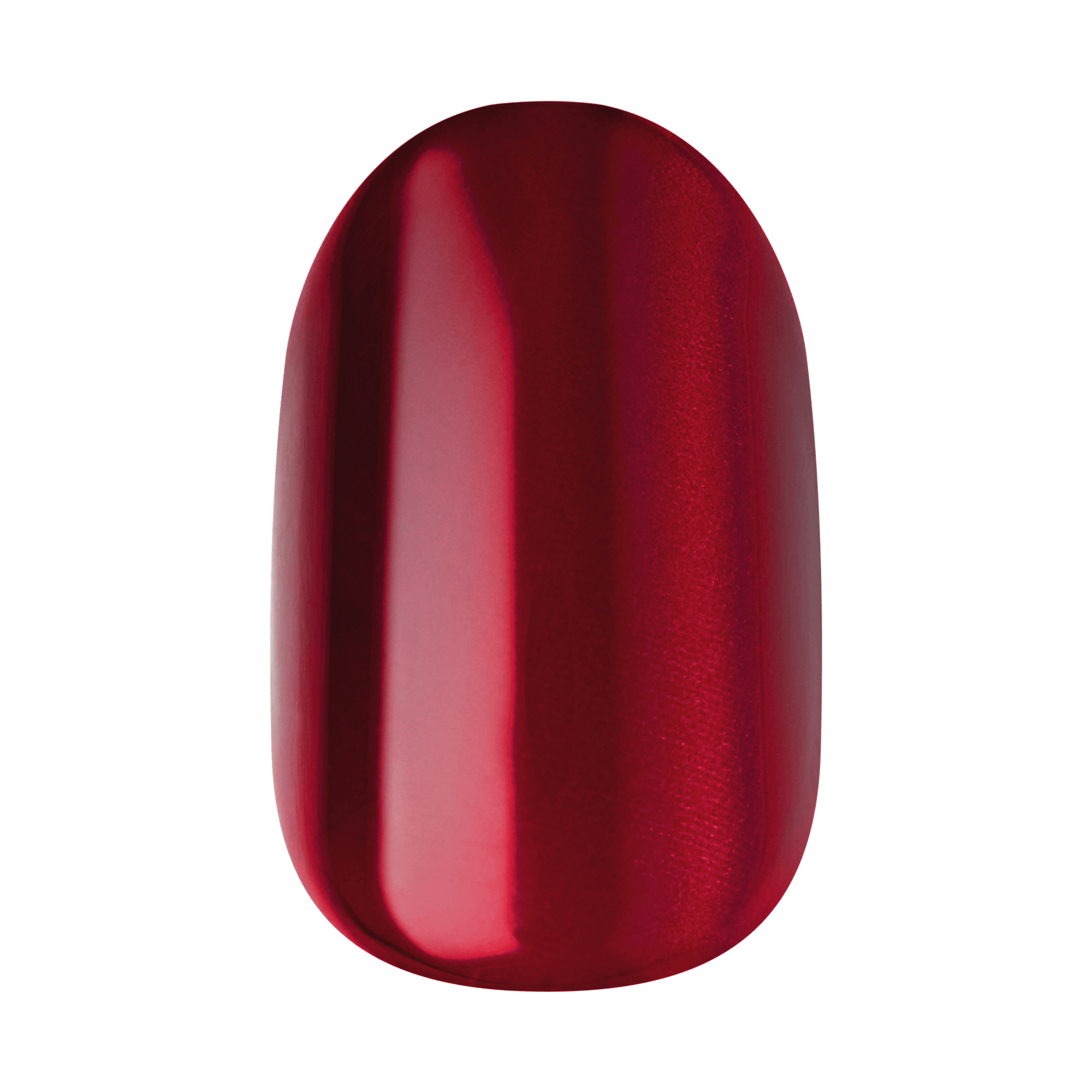 The image shows a single artificial nail with a glossy, metallic red finish. The nail has a smooth, reflective surface that highlights its shiny texture. The shape of the nail is oval, and it appears to be well-polished, giving it a sleek and elegant appearance.