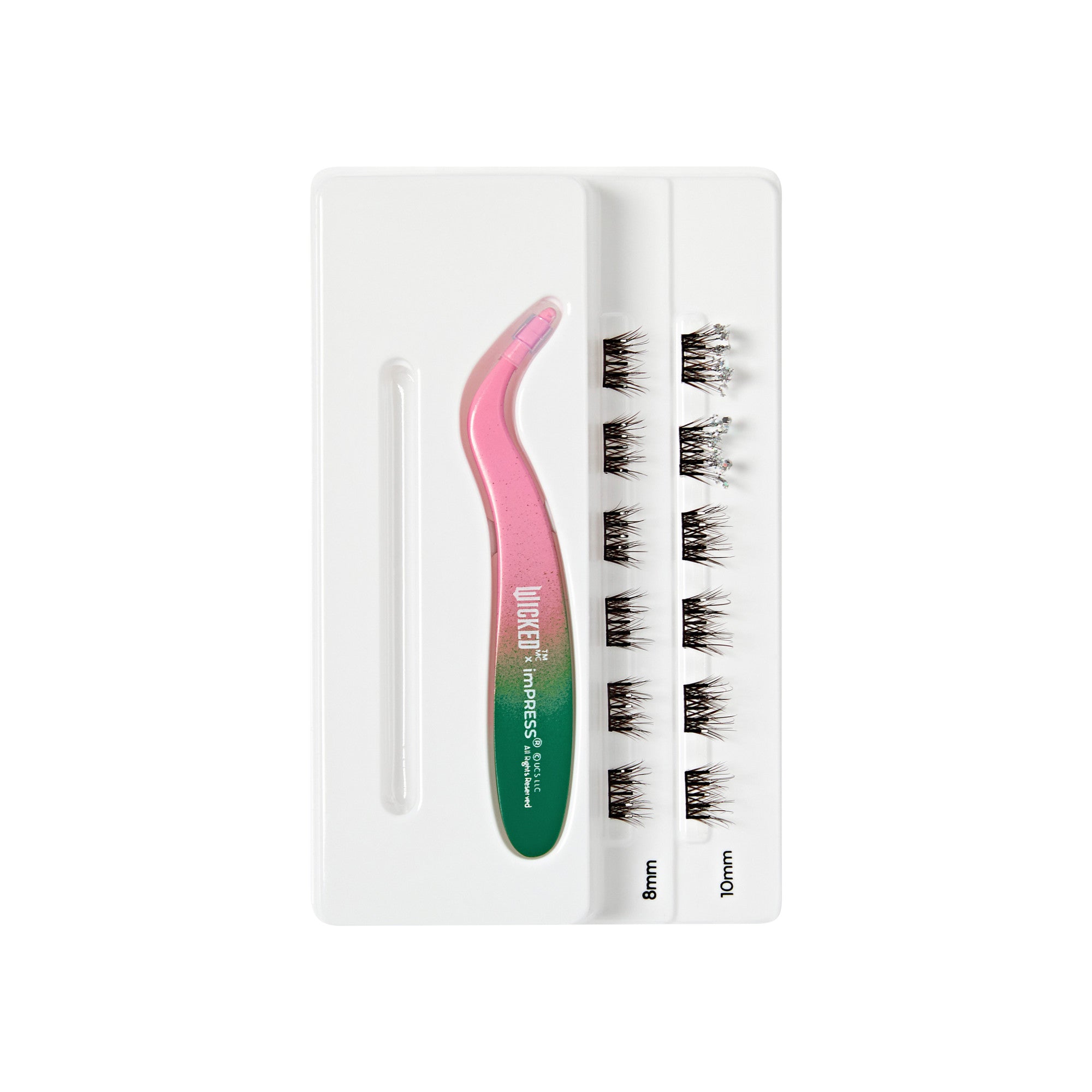 The image features a lash extension kit. It includes a white tray that holds individual lash clusters in two different lengths: 8mm and 10mm. A pink and green applicator tool is positioned next to the lashes, designed for easy application. The overall presentation is clean and organized, highlighting the lash extensions and the tool for use.