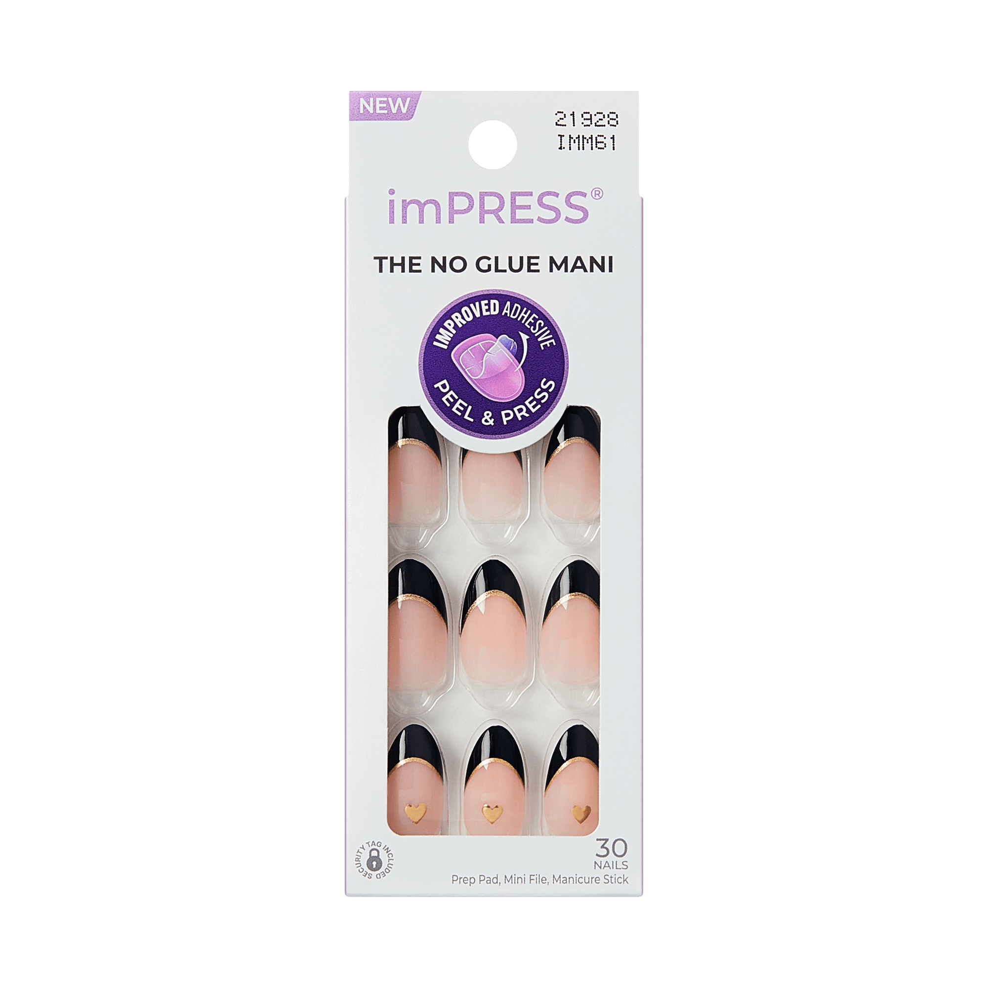 imPRESS The No Glue Mani press-on nails with black tips and gold hearts, 30 nails