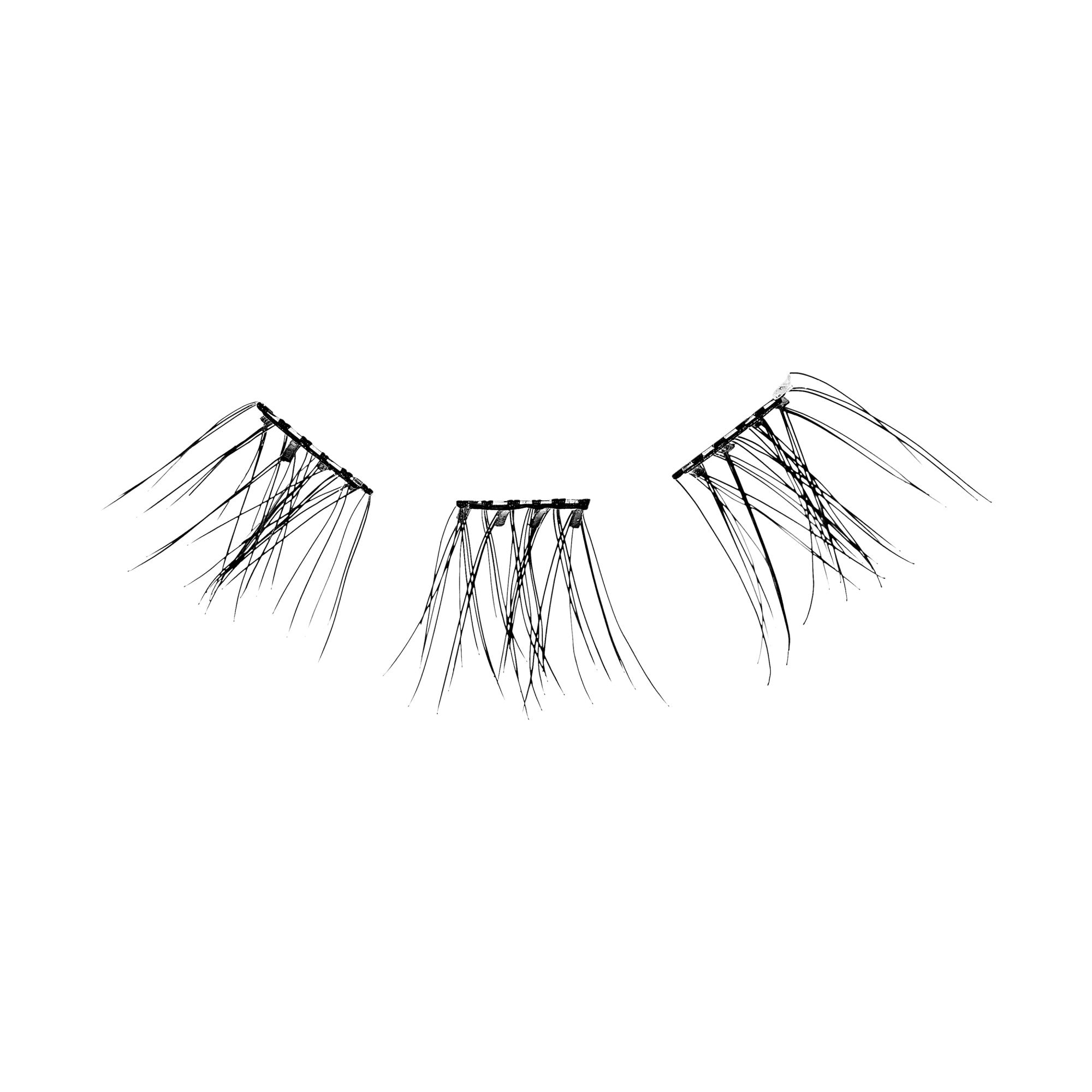 The image shows three sets of false eyelashes arranged in a semi-circular pattern. Each set consists of multiple individual lash clusters, which are designed to be applied to the eyelids to enhance the appearance of natural eyelashes. The lashes are black and appear to be made of synthetic fibers. The background is plain white, which highlights the details of the eyelashes.