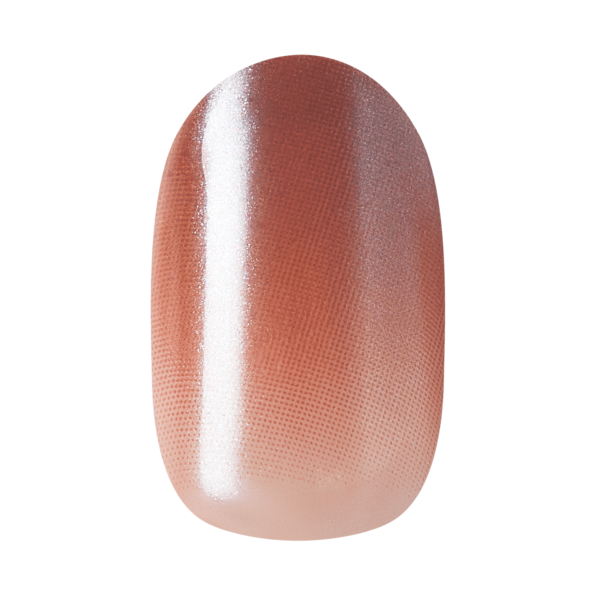 The image features a nail design that showcases a gradient effect. The color transitions from a soft, light beige at the tip to a deeper, warm brown at the base. The finish has a subtle shimmer, adding a touch of elegance to the overall look. The smooth texture and polished appearance suggest a well-executed manicure.