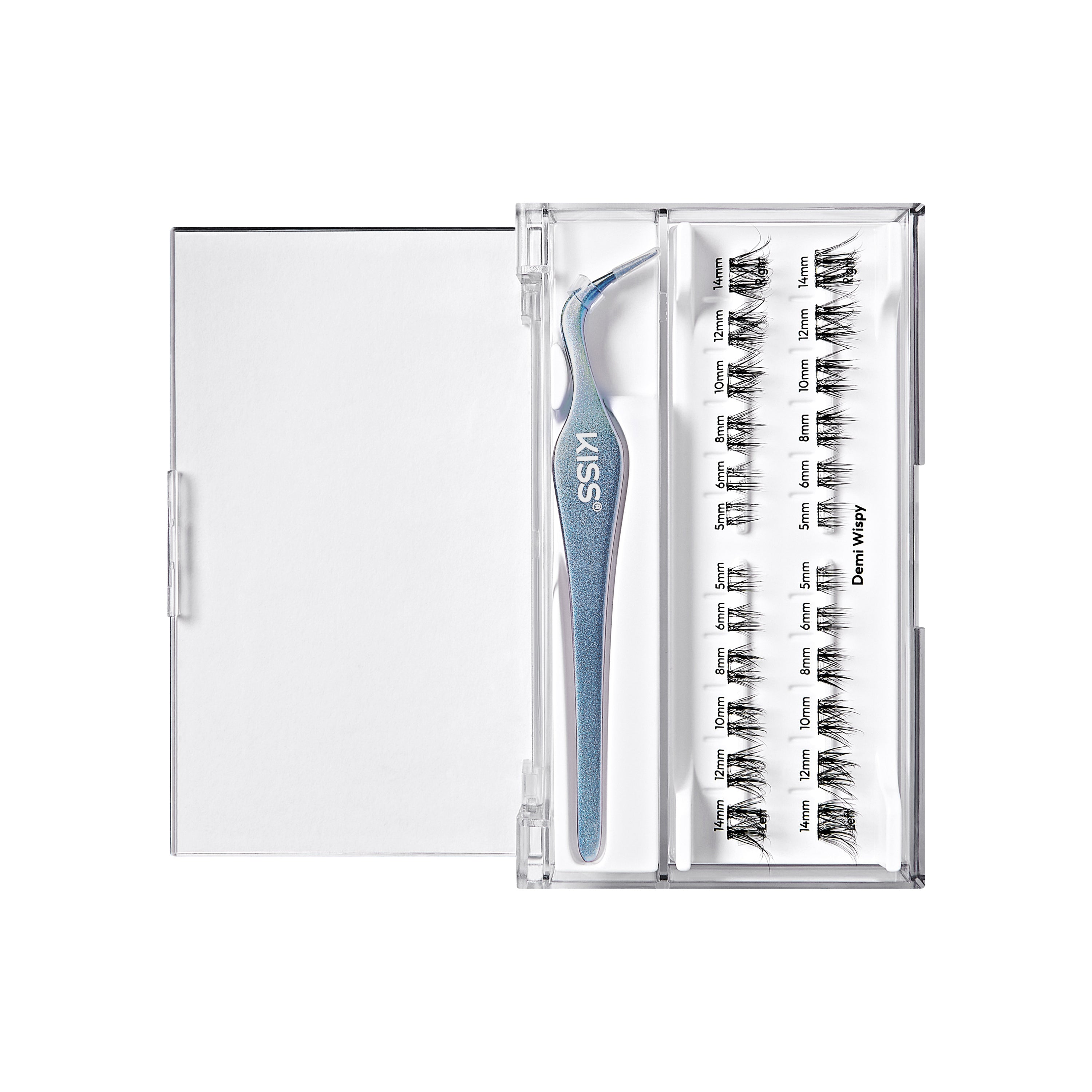 The image features a clear plastic case containing individual false eyelashes. Inside the case, there is a pair of tweezers designed for applying the lashes. The lashes are organized in rows, labeled with different styles or lengths. The brand name "KISS" is prominently displayed on the tweezers, indicating the product&