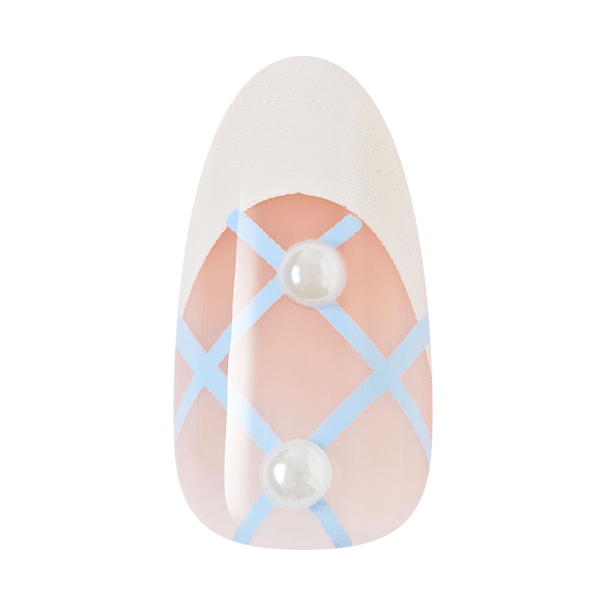 Nail art design with pink crosshatch pattern and two pearls on a clear background