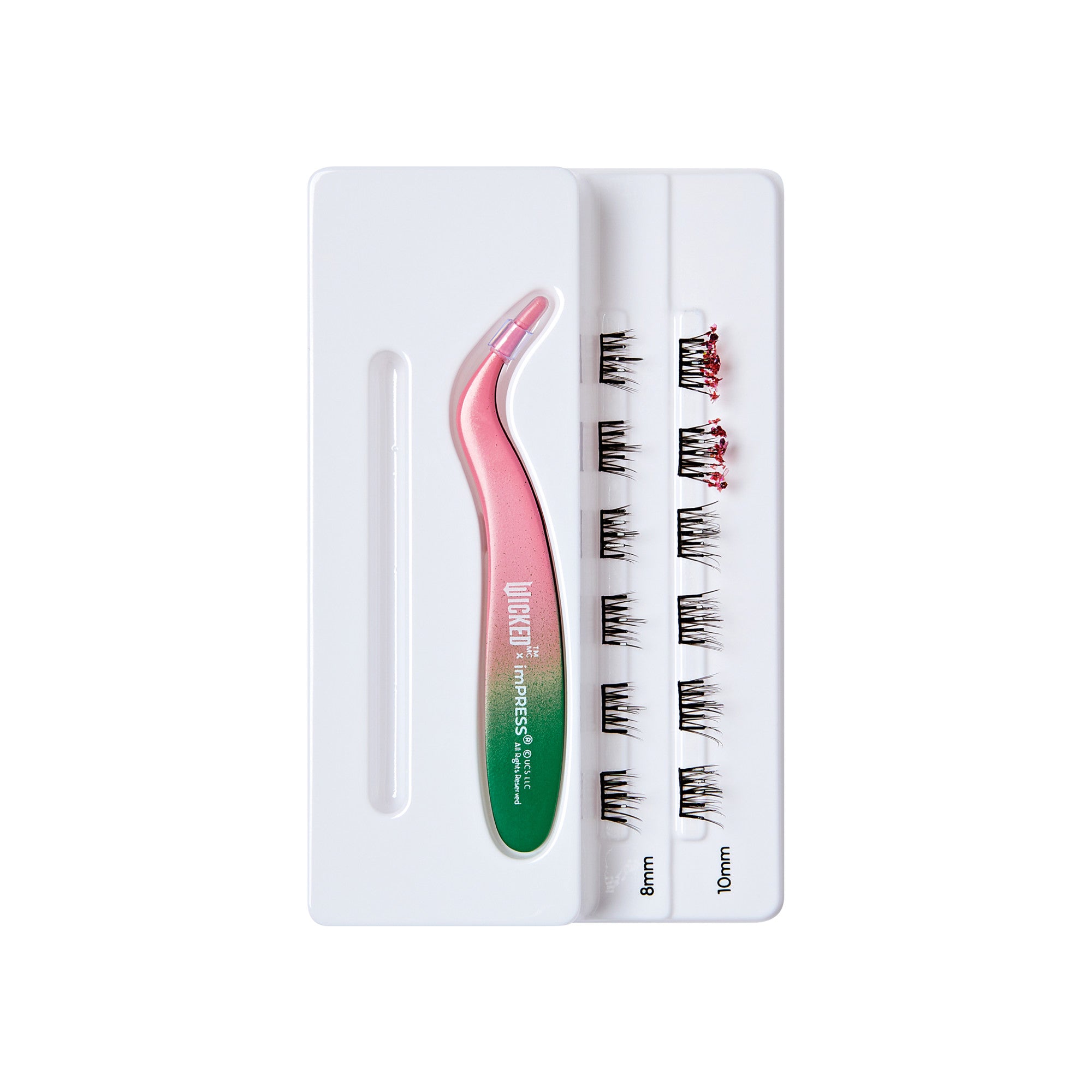 The image features a set of false eyelashes arranged on a white tray. The tray includes two different lengths of lashes, labeled as 8mm and 10mm. Next to the lashes, there is a pink and green applicator tool designed for easy handling and application of the lashes. The overall presentation is clean and organized, highlighting the beauty products effectively.