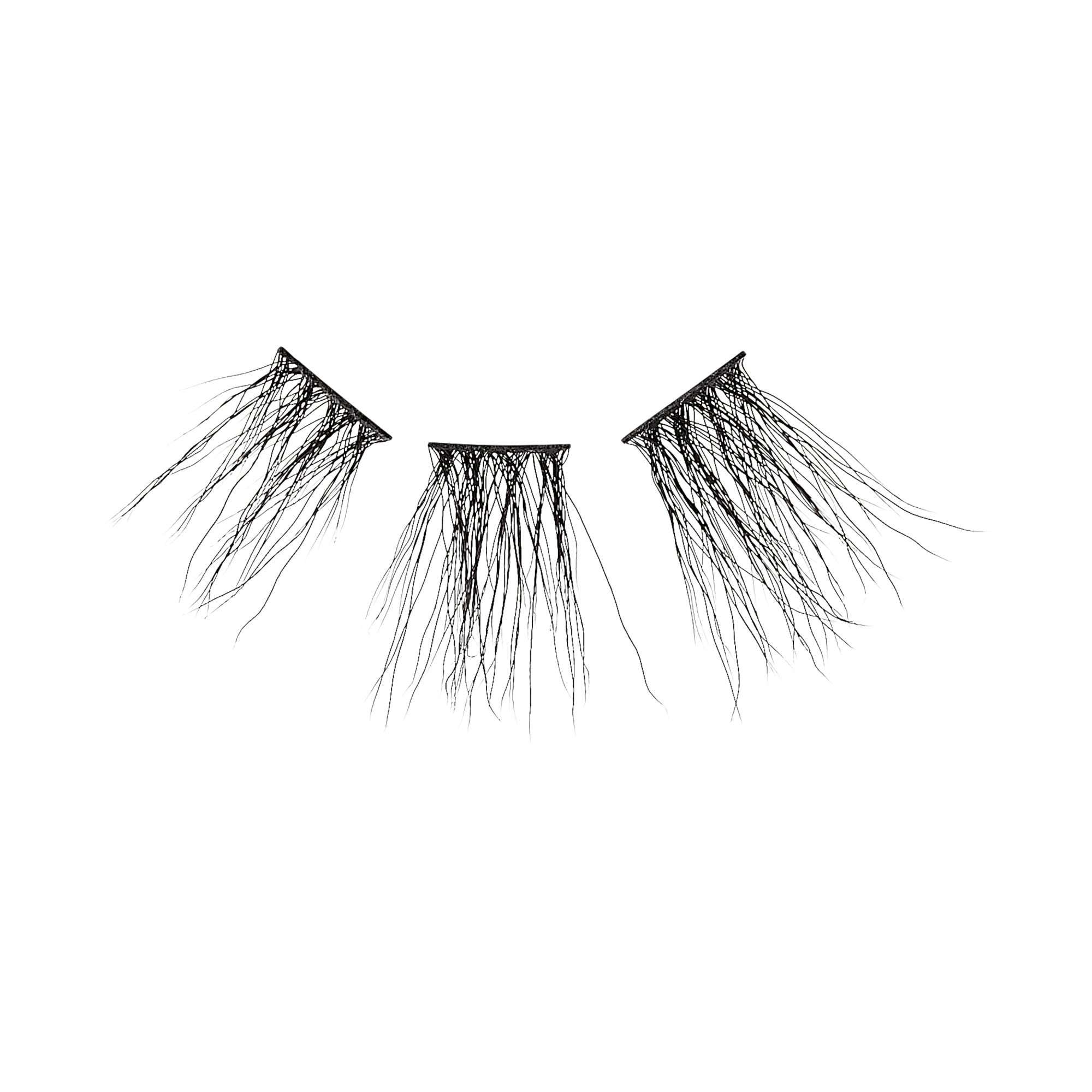 Three individual black wispy false eyelash clusters with thin, wispy strands fanned out, shown against a white background.