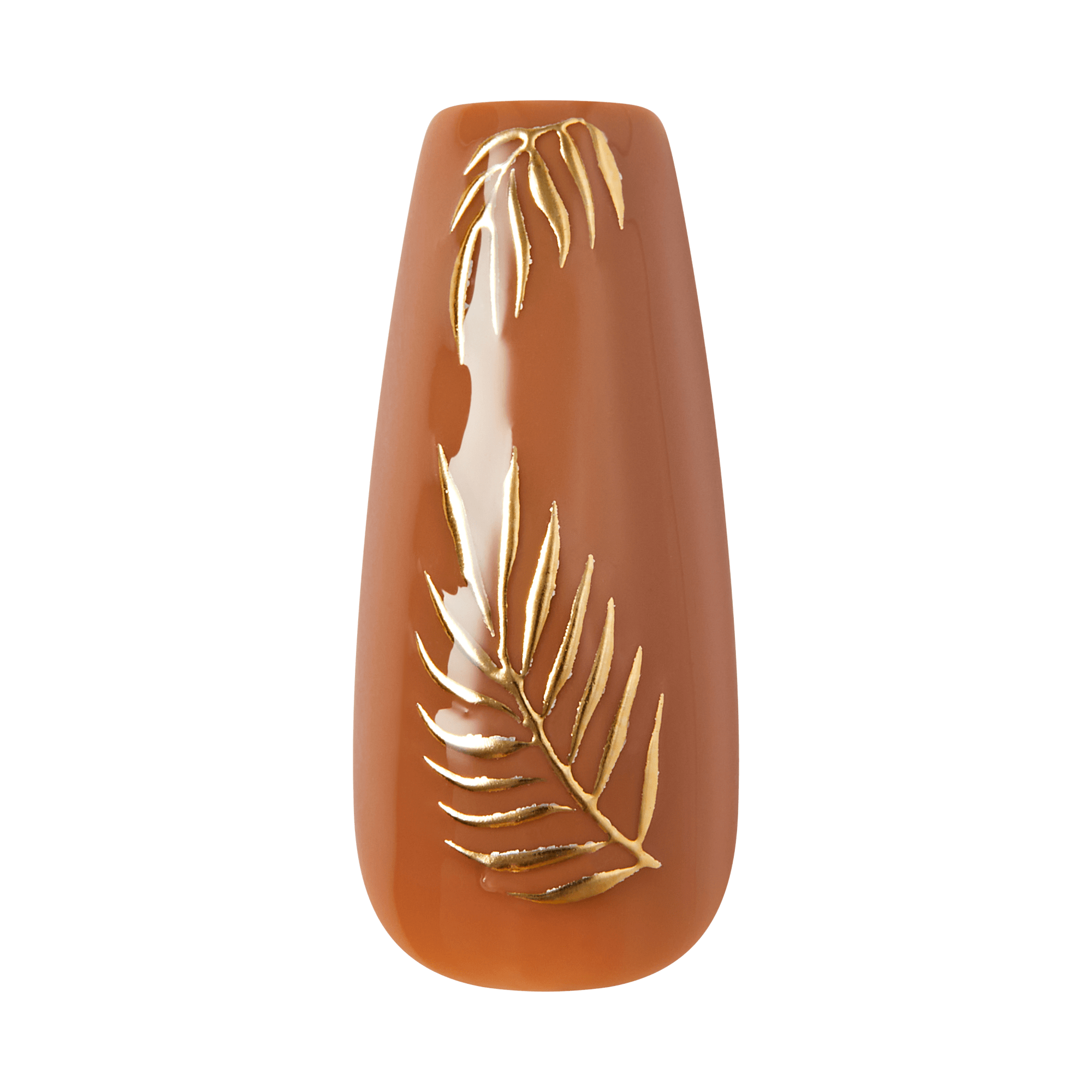 Close-up of a single nude brown press-on nail with a large 3D gold fern leaf design covering the nail on transparent background
