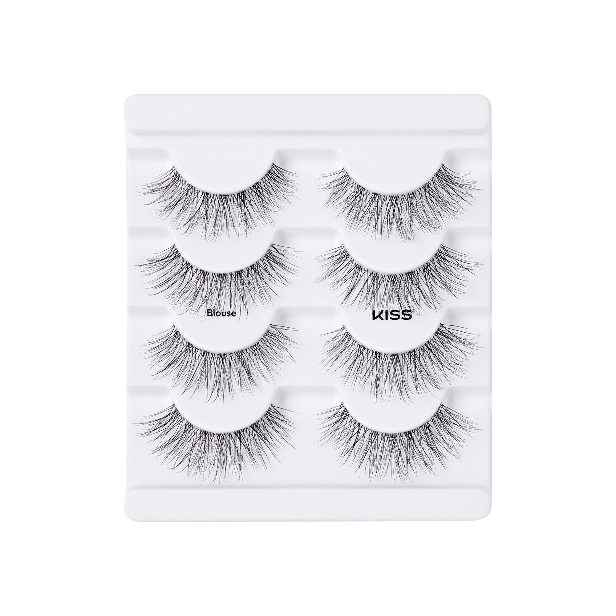 The image shows a white plastic tray containing three pairs of false eyelashes. Each pair is neatly arranged in its own compartment. The eyelashes are long, voluminous, and have a natural, wispy appearance. The tray is labeled with the brand name "KISS" and the style name "Blouse." The overall presentation is clean and organized, highlighting the product&