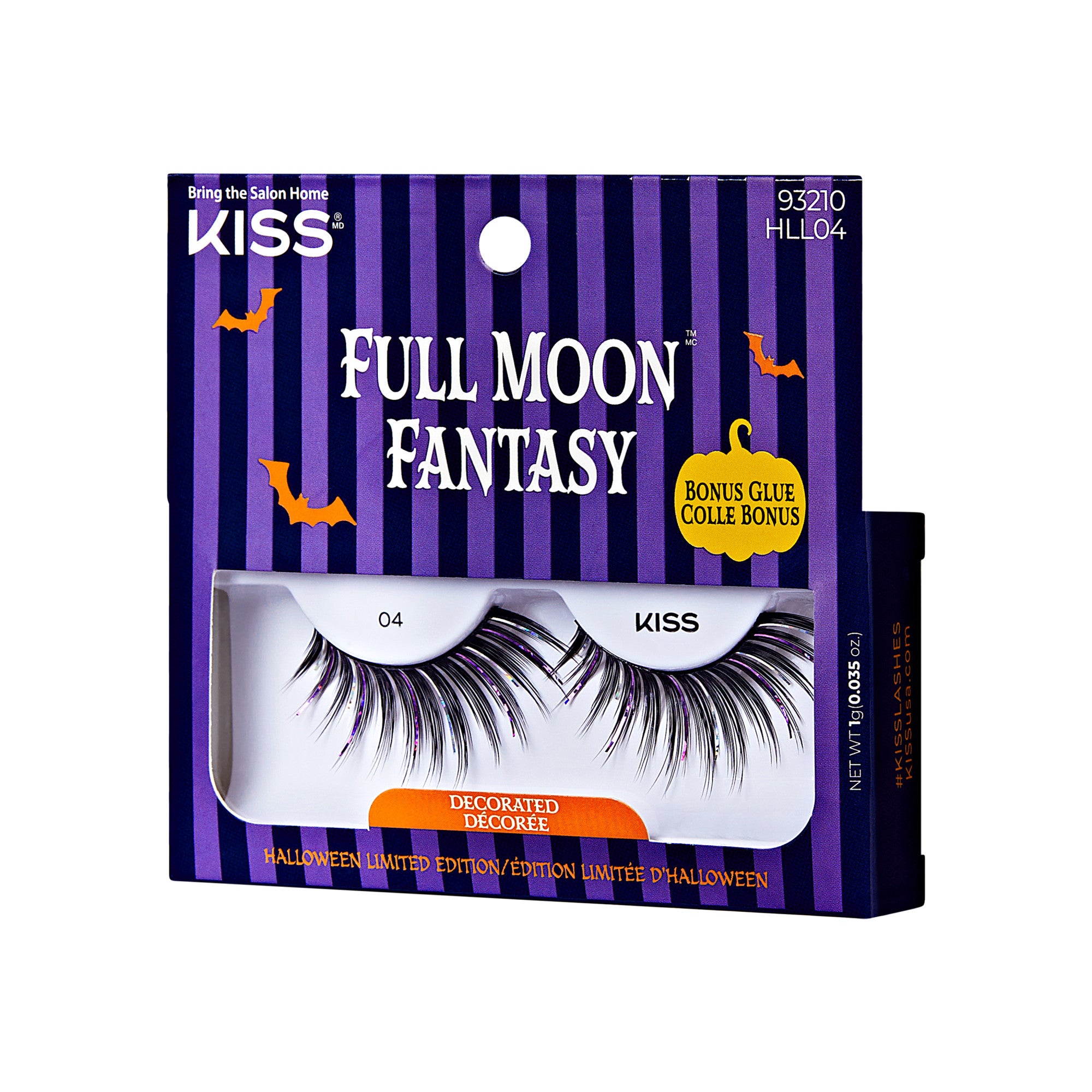 The image shows a package of false eyelashes from the brand "KISS." The product is named "Full Moon Fantasy" and is part of a Halloween limited edition collection. The packaging has a purple and black striped background with Halloween-themed graphics, including bats and pumpkins. The package also mentions that it includes a bonus glue. The style number of the eyelashes is "04," and the net weight is 0.09 oz (2.6 g). The text on the packaging is in both English and French.