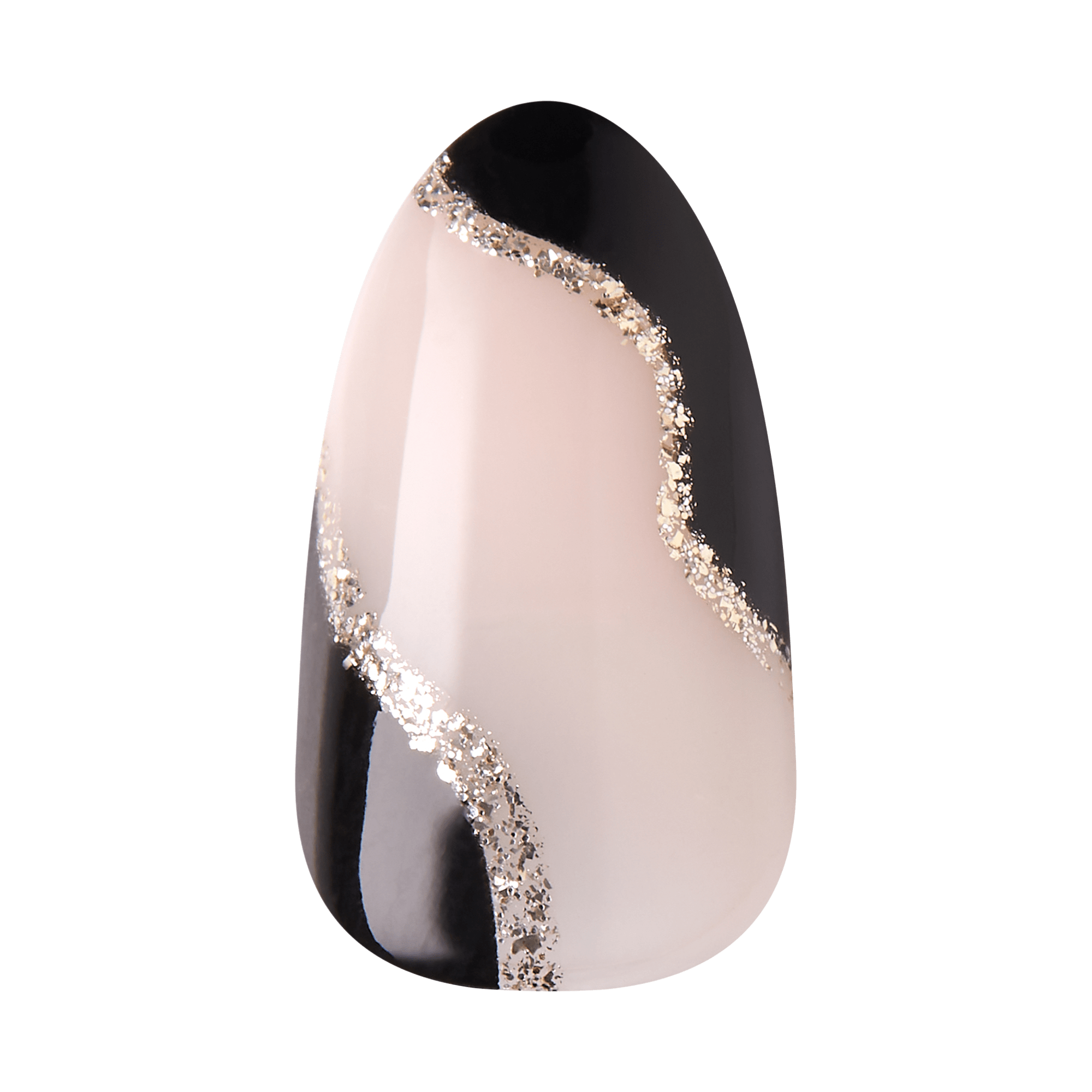 The image shows a single artificial nail with an elegant and stylish design. The nail features a base color of a soft, translucent pink. It is adorned with a wavy, asymmetrical pattern that includes sections of glossy black and a shimmering silver glitter. The silver glitter forms a border between the black and pink areas, adding a touch of sparkle and sophistication to the overall look. The design is modern and chic, suitable for a fashionable and polished appearance.