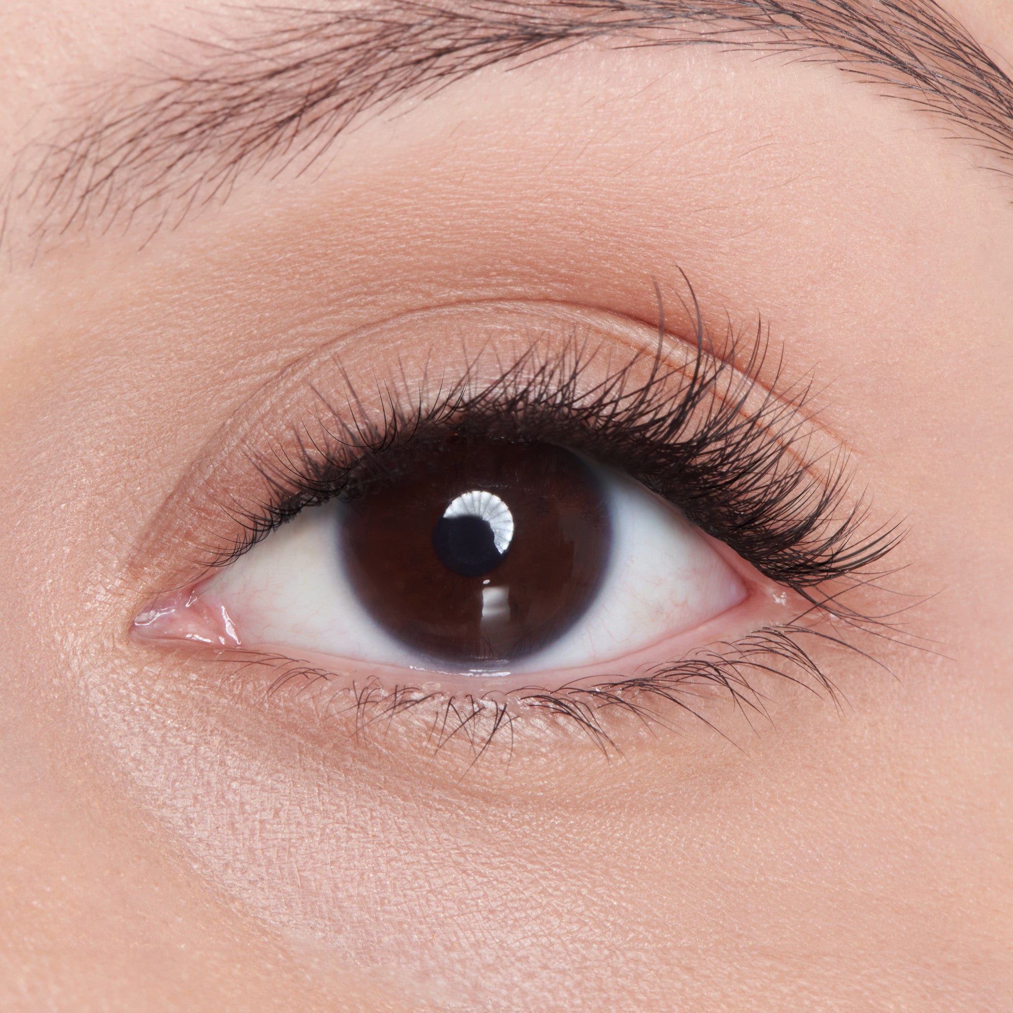 Close-up of a brown eye with ultra natural-looking false eyelashes applied, showing fine, wispy lashes that enhance length and volume subtly.