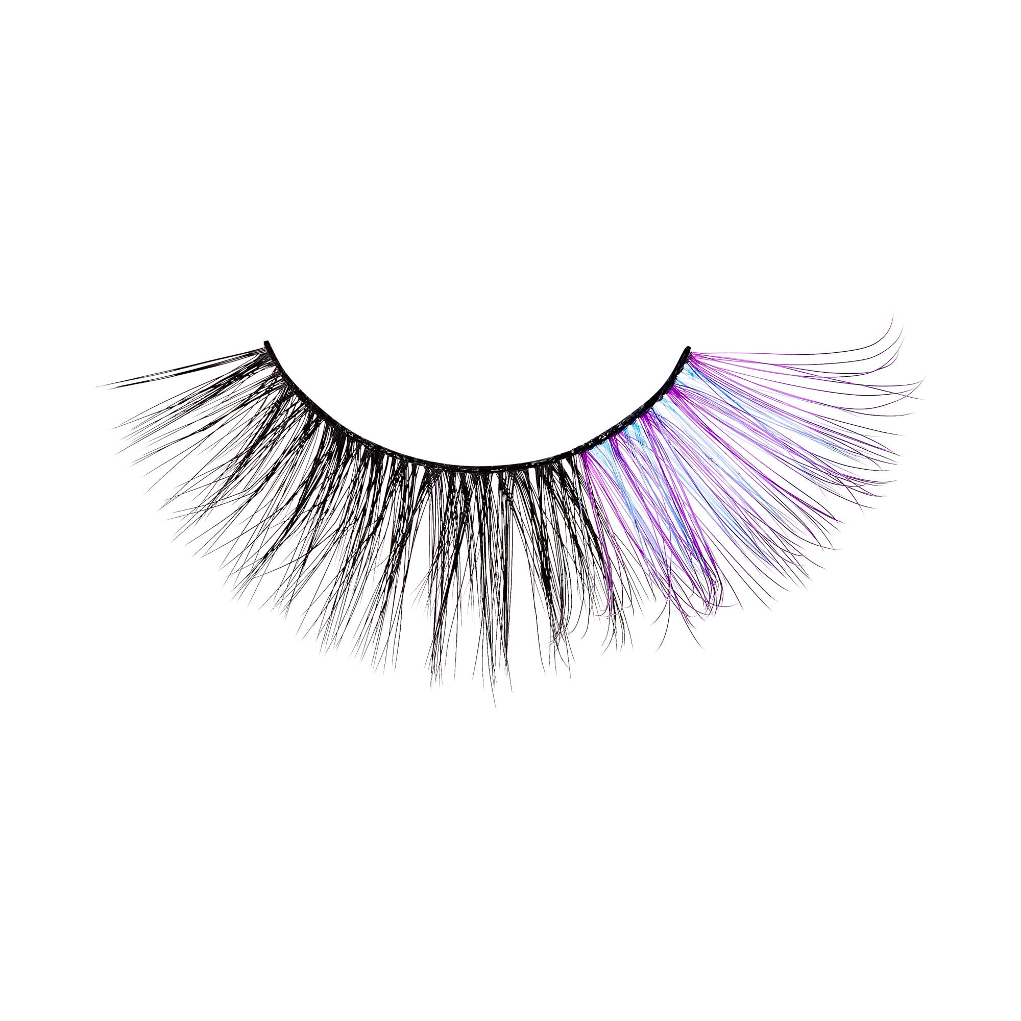 The image shows a single false eyelash. The eyelash is primarily black with a dense, voluminous appearance. Towards the outer edge, there are a few strands that are tinted with a subtle purple hue, adding a touch of color to the otherwise black lash. The lash is curved to fit the natural shape of the eyelid.