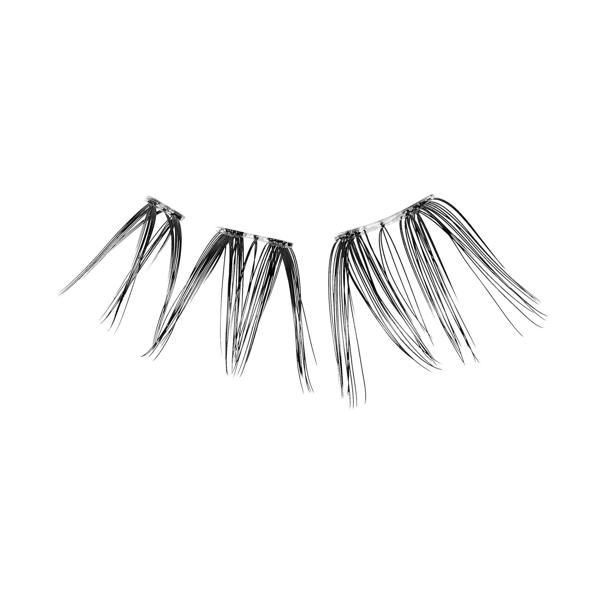 The image features a pair of false eyelashes. They are designed with multiple long, thin strands that create a dramatic effect. The lashes are black and have a feathery appearance, with varying lengths to enhance the look of the eyes. The base of the lashes is likely adhesive, allowing them to be easily applied to the eyelids for a glamorous look.