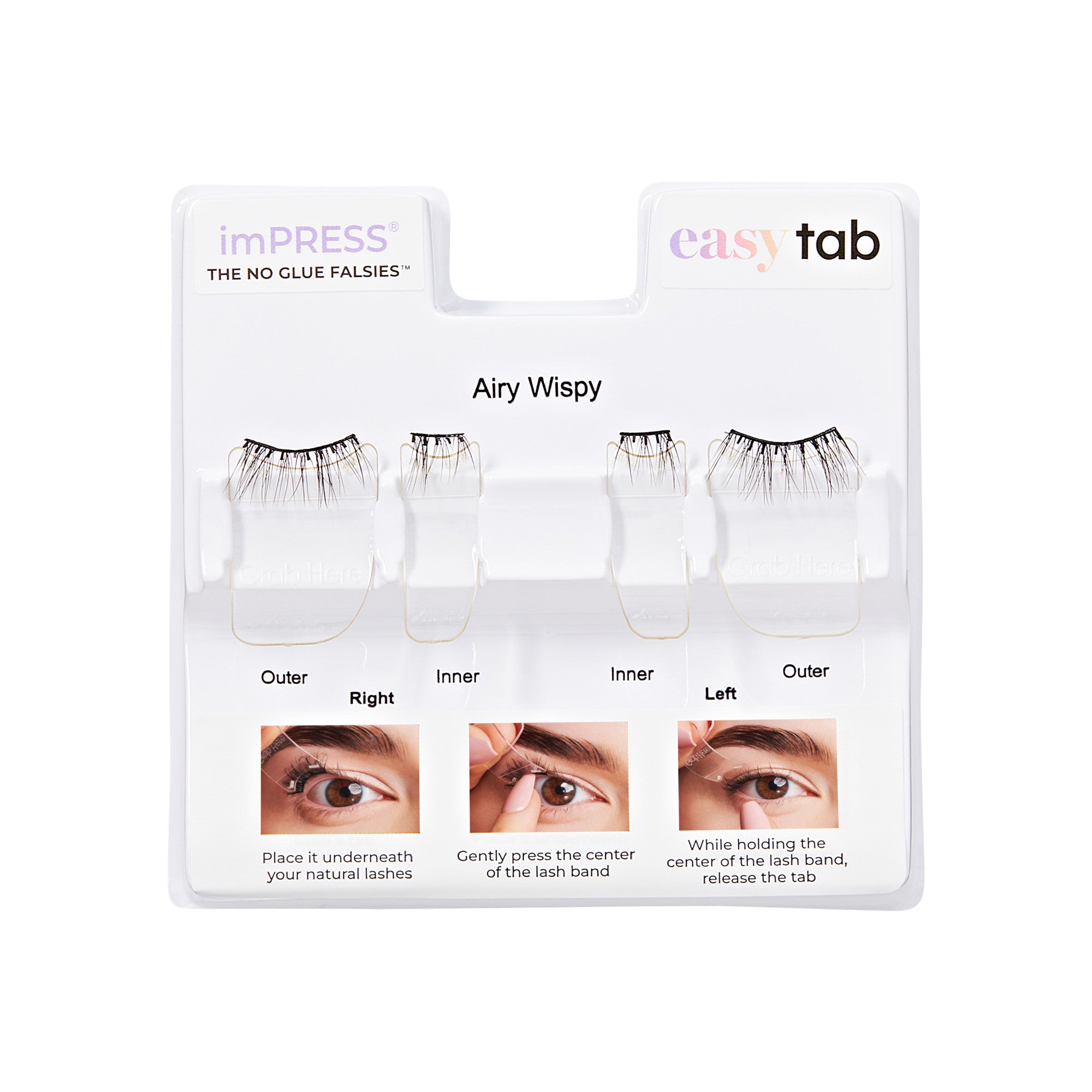 imPRESS Easy Tab Airy Wispy false lashes with application instructions and eye placement diagrams.