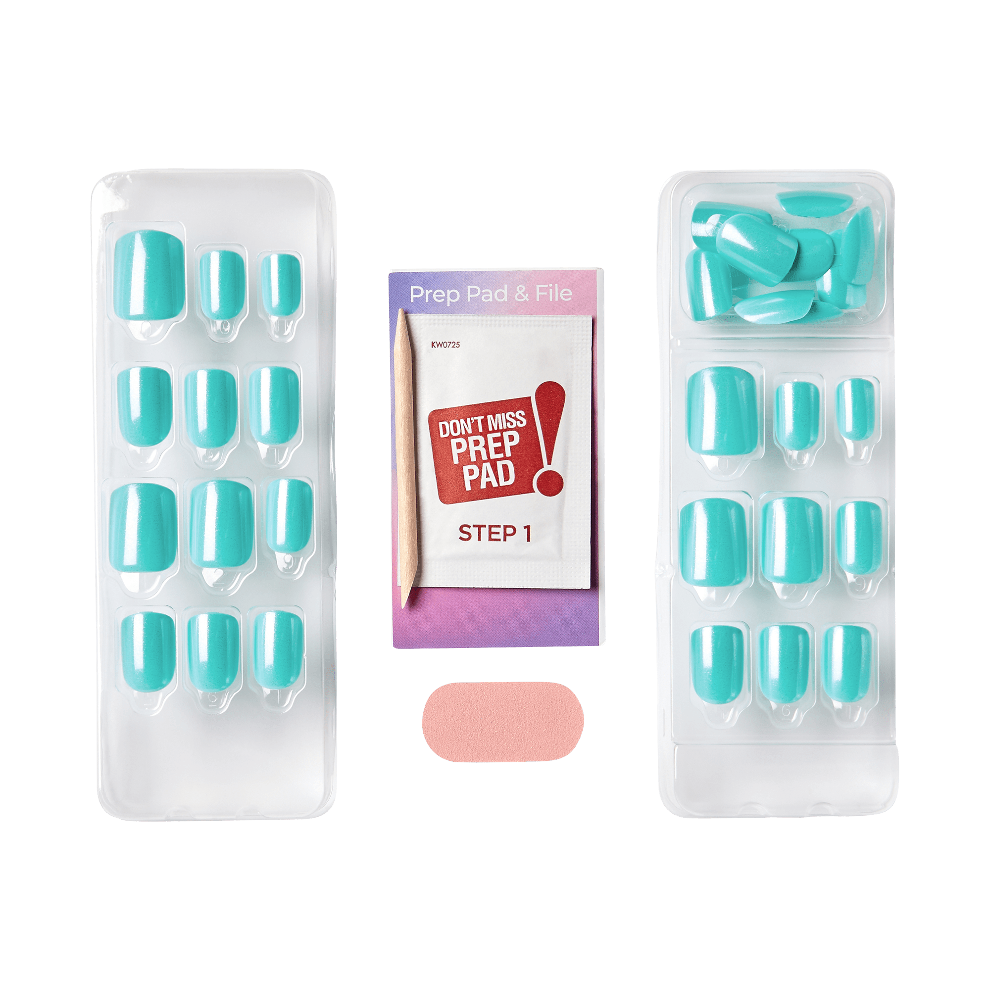 The image shows a set of artificial nails and nail preparation tools. There are two plastic trays, each containing a set of turquoise-colored artificial nails in various sizes. Between the trays, there is a small box labeled "Prep Pad & File" with the text "Don&
