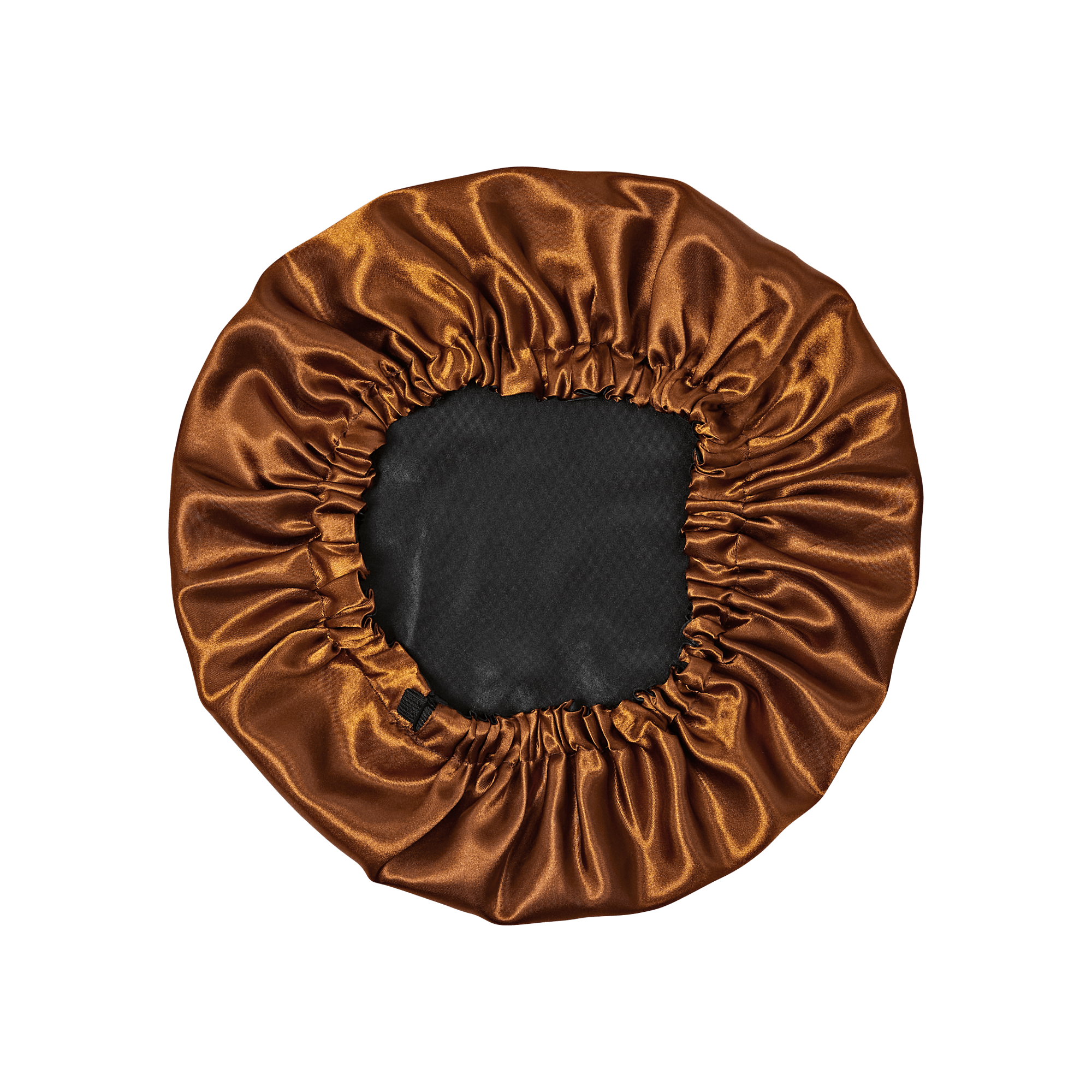Bronze satin bonnet with black lining and elastic gathering around edges