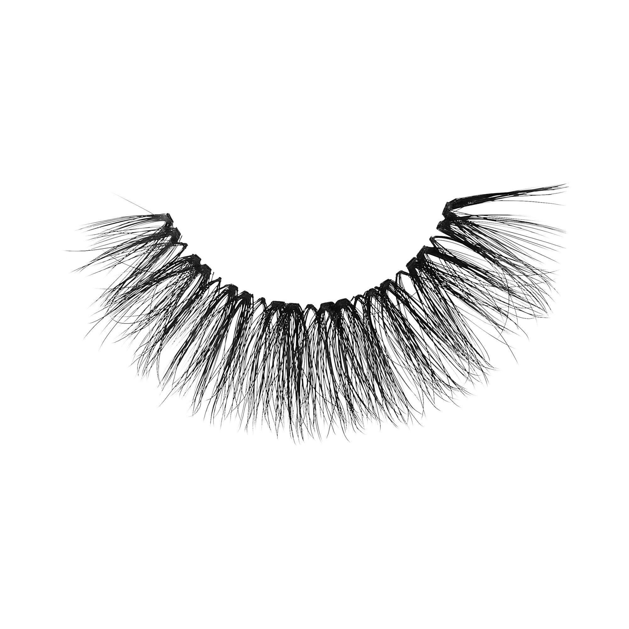 Close-up view of a single black false eyelash from KISS Lash Couture The Muses Collection - Duchess, showing a fluffy, wispy design with varied length strands on a thin band.