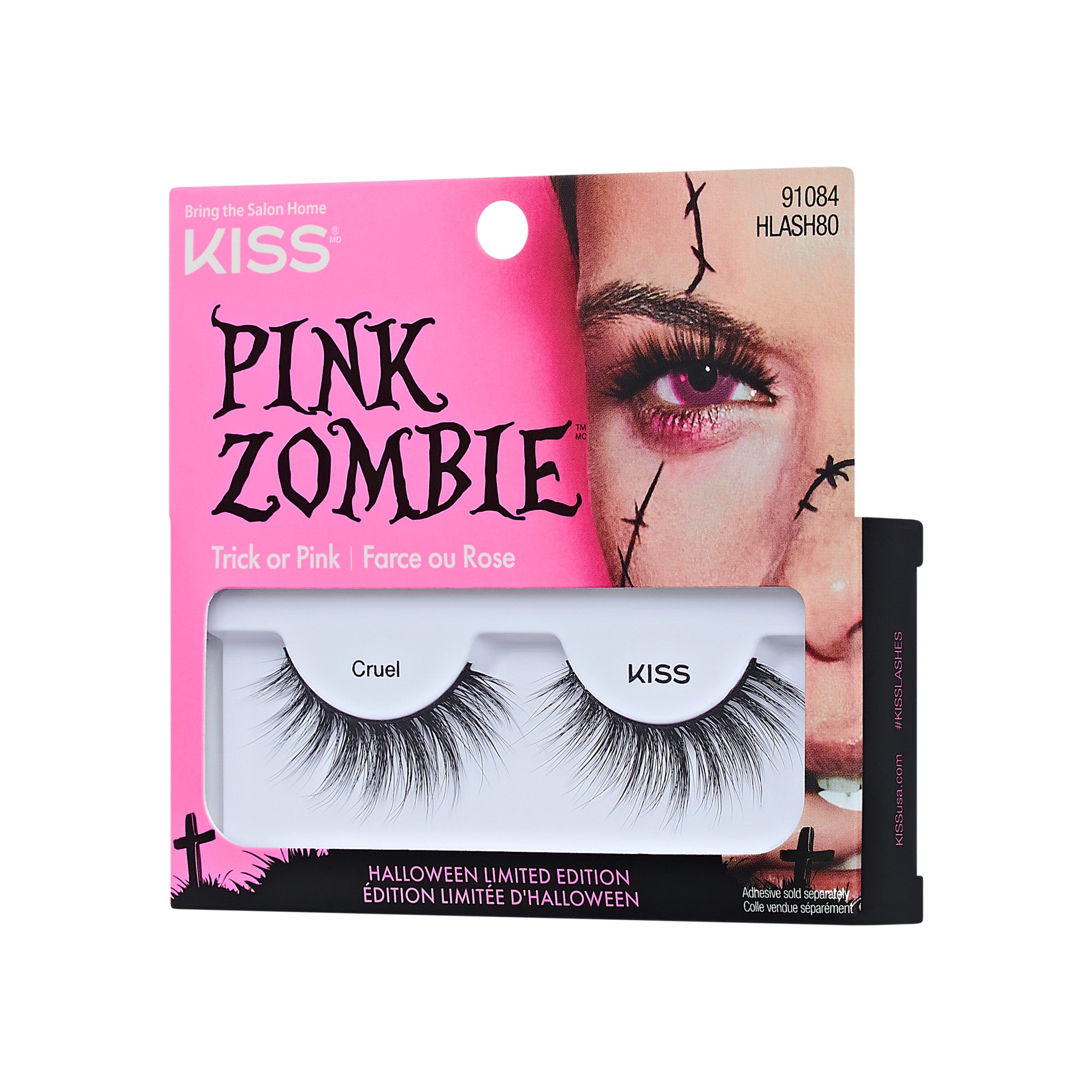 KISS Pink Zombie Halloween false eyelashes in Cruel style with pink packaging