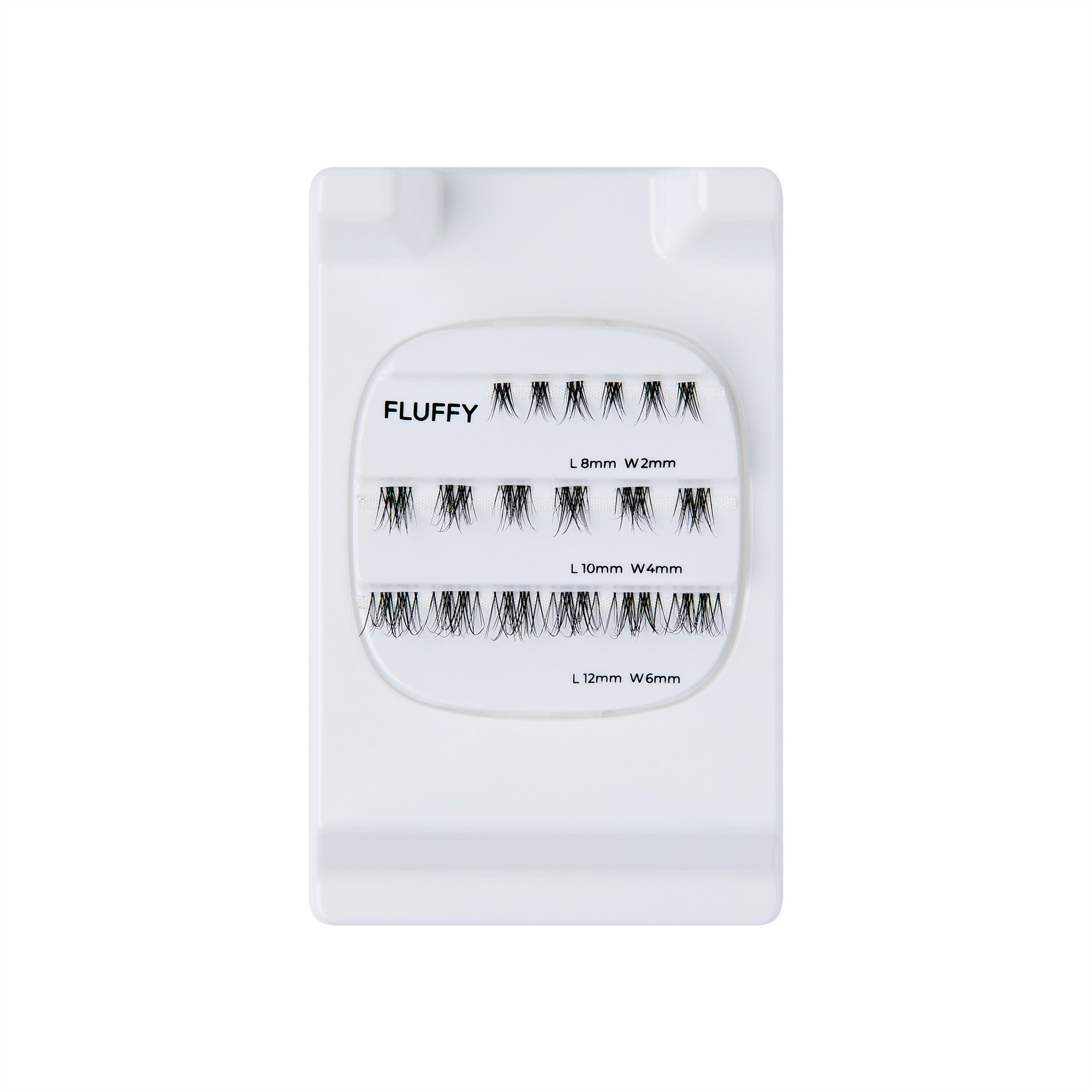 FLUFFY false eyelashes variety pack with three sizes: 8mm, 10mm, 12mm lengths.
