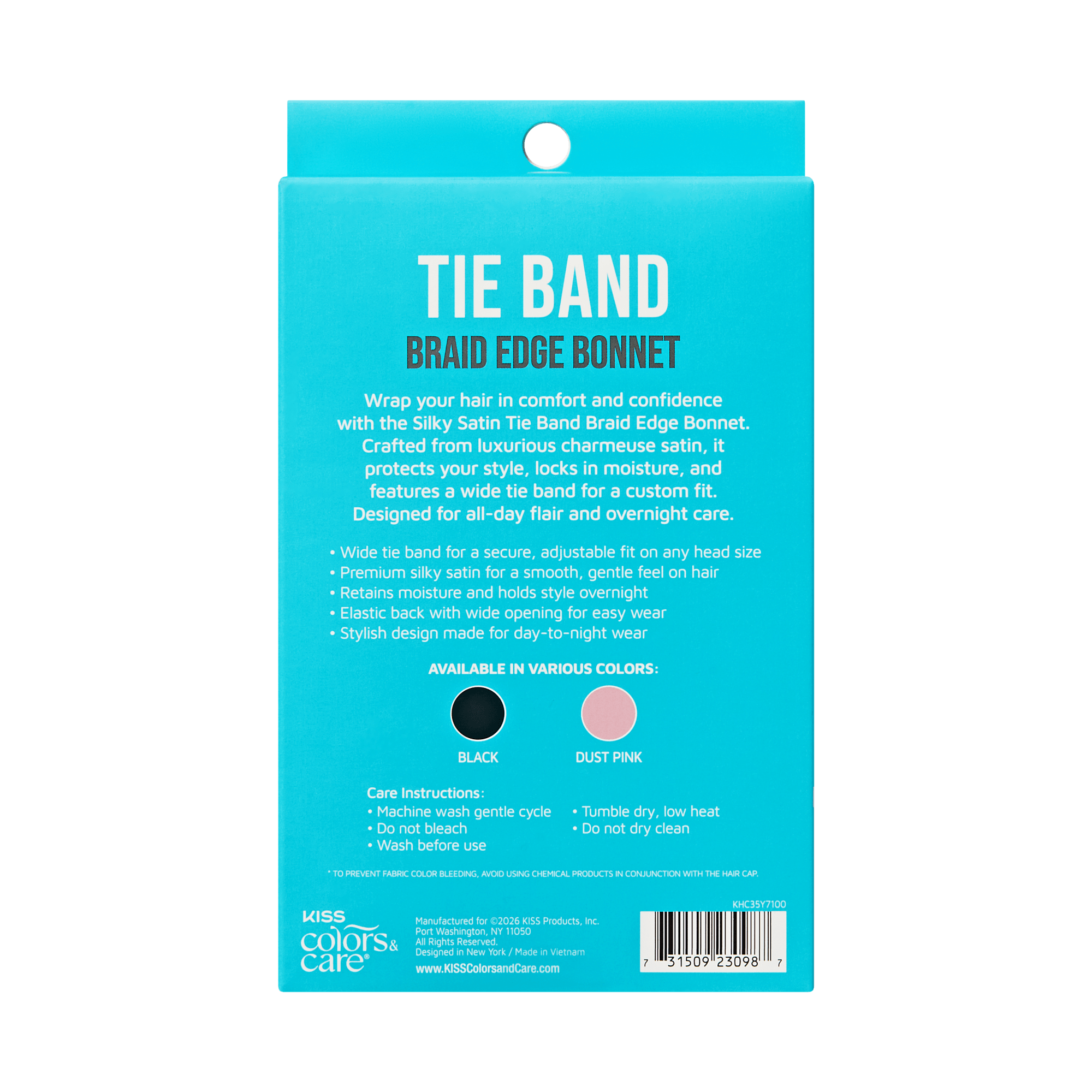 Silky Satin Tie Band Braid Edge Bonnet packaging in turquoise with product details and color options.