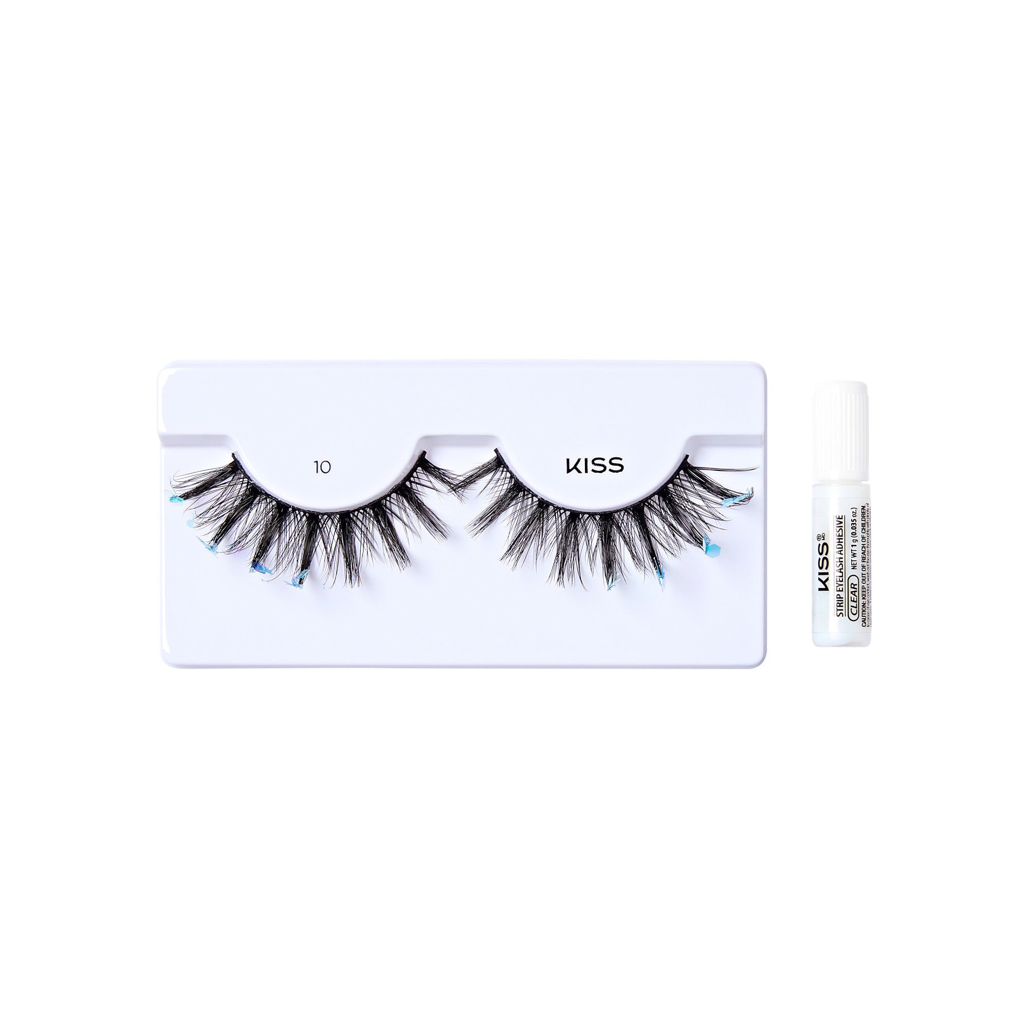 The image shows a set of false eyelashes from the brand "KISS." The eyelashes are displayed on a white plastic holder, with two pairs of lashes arranged side by side. The lashes are voluminous and have a wispy, fluttery appearance. The number "10" is printed above the left pair of lashes. To the right of the lashes, there is a small tube of adhesive glue, also branded with "KISS." The overall presentation is clean and minimalistic, highlighting the product.