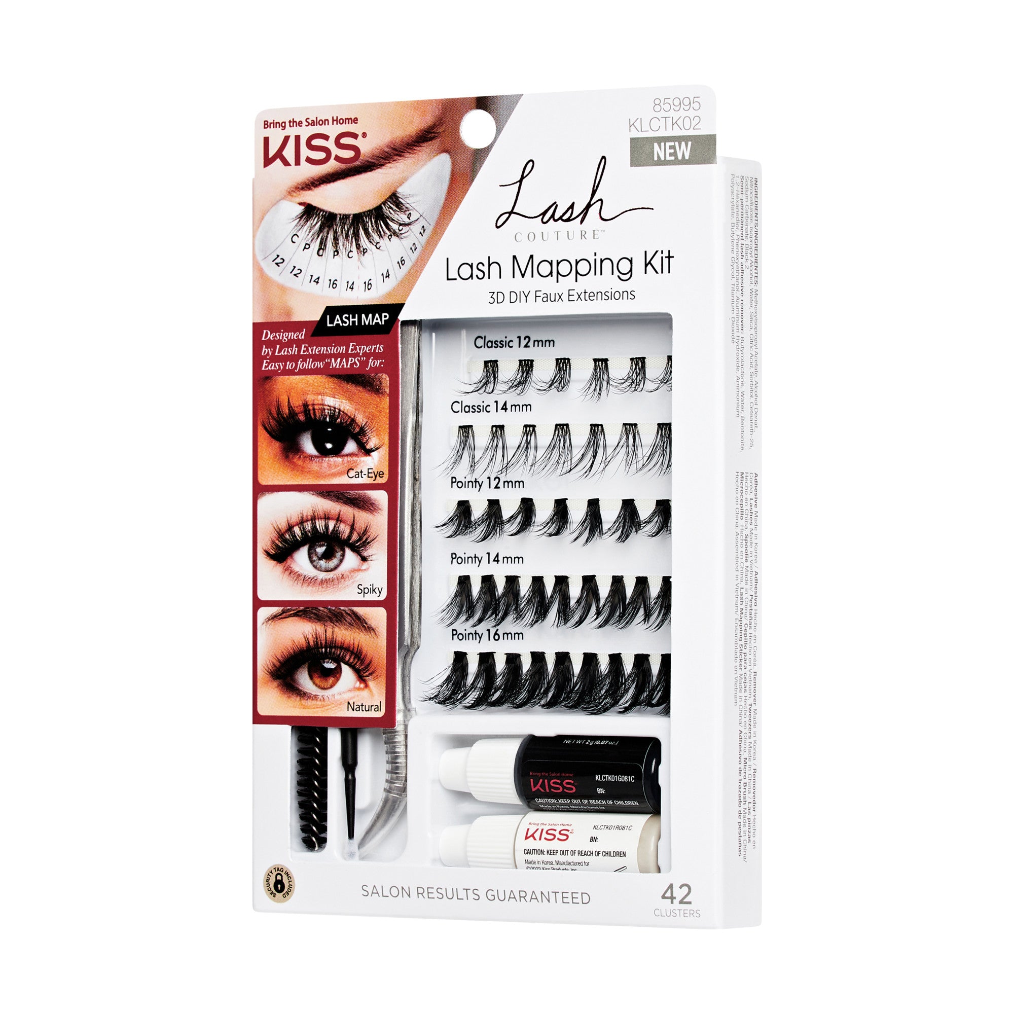 The image features a packaging for the KISS Lash Mapping Kit, designed for DIY faux eyelashes. The kit includes a lash map for guidance and contains various styles of lashes, specifically labeled as Classic and Pointy in lengths of 12mm, 14mm, and 16mm. The packaging emphasizes salon-quality results and showcases a visual of an eye with applied lashes, highlighting the different lash styles available. The overall design is colorful and informative, aimed at helping users achieve a professional look at home.
