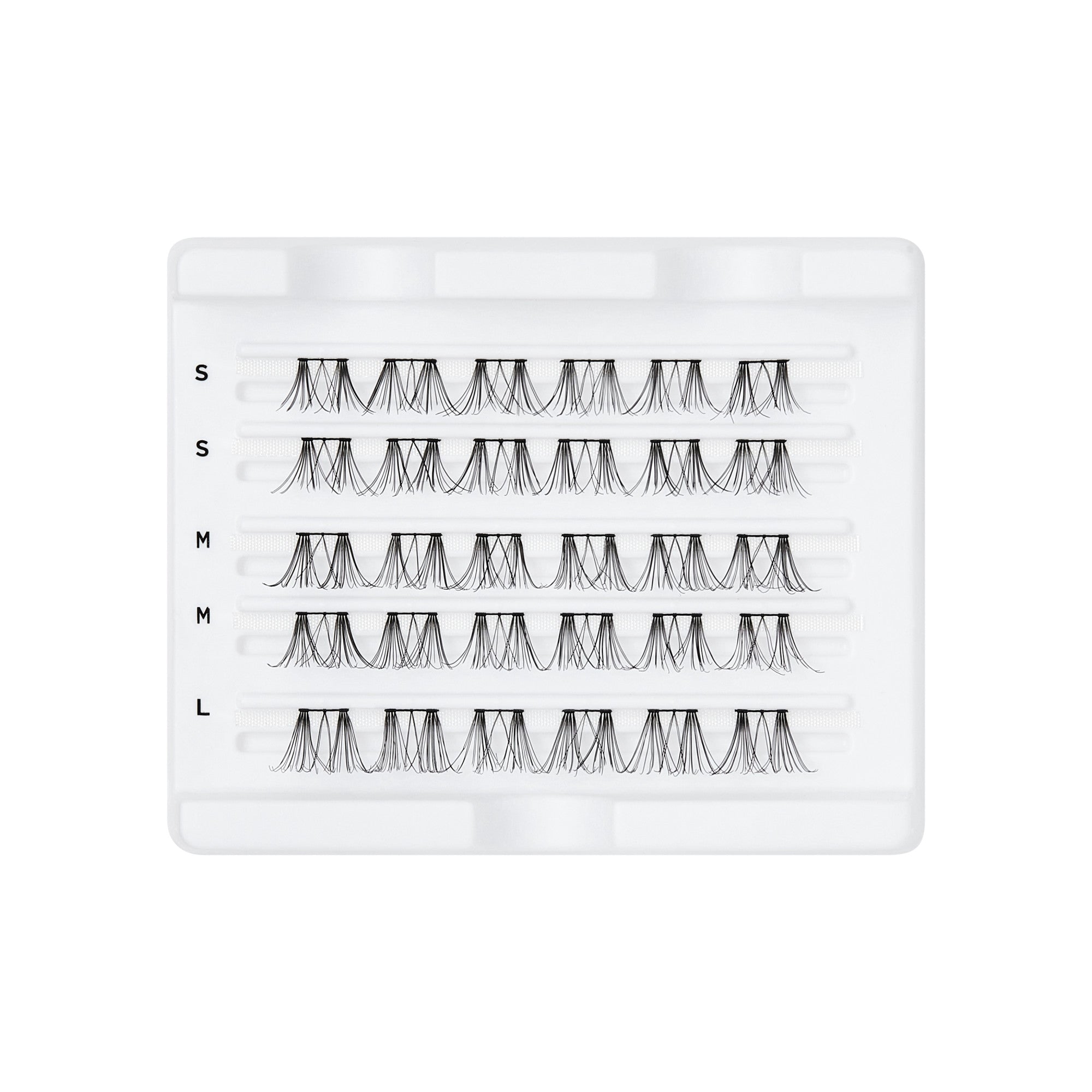 Tray of black FALSCARA Wisps eyelash clusters on white plastic holder, arranged in five rows labeled S, S, M, M, and L by size.