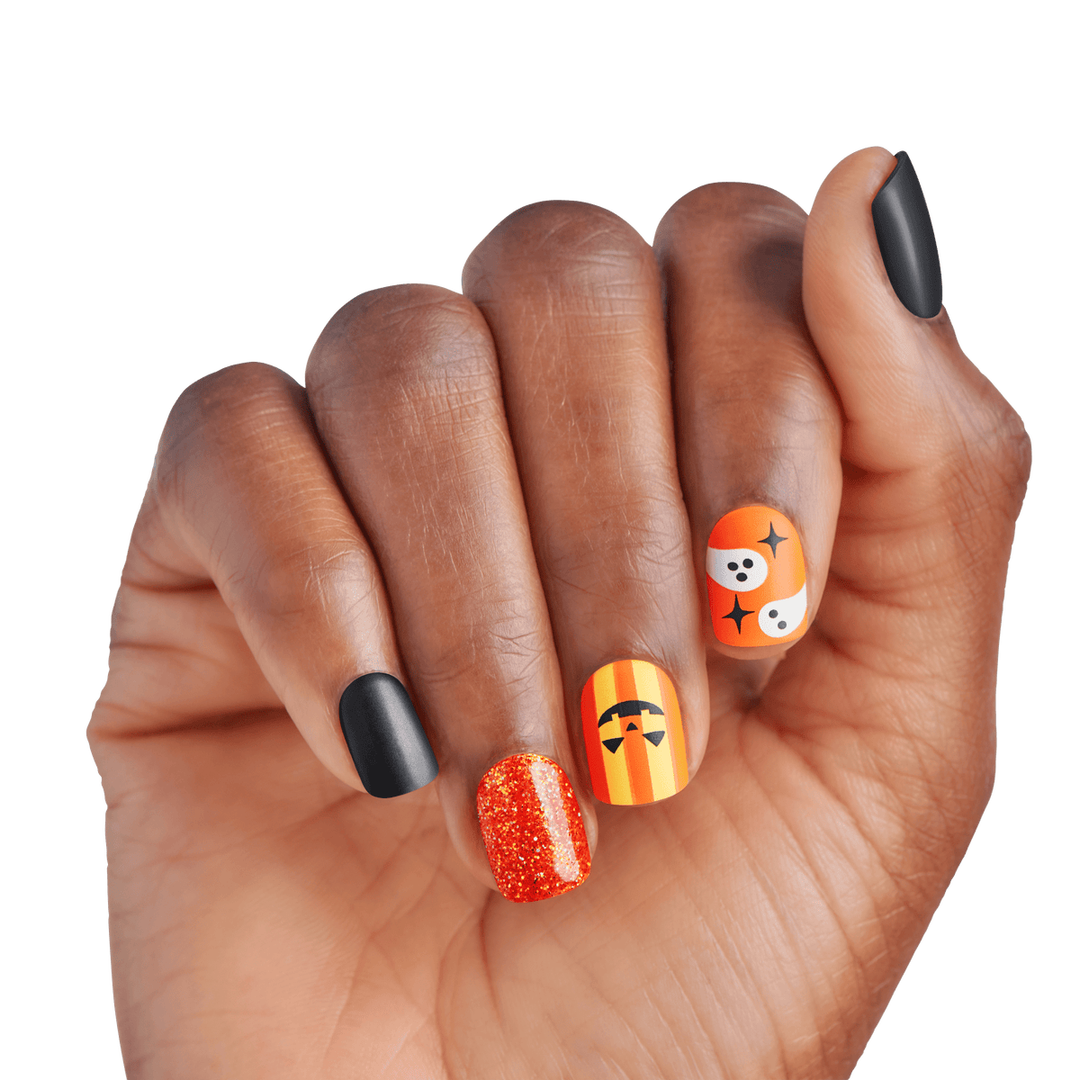 Impress Design Halloween No Glue Fake Press On Nails - Dead Glam | Design, Orange & Black, Short, Squoval, Glow In The Dark, Manicure