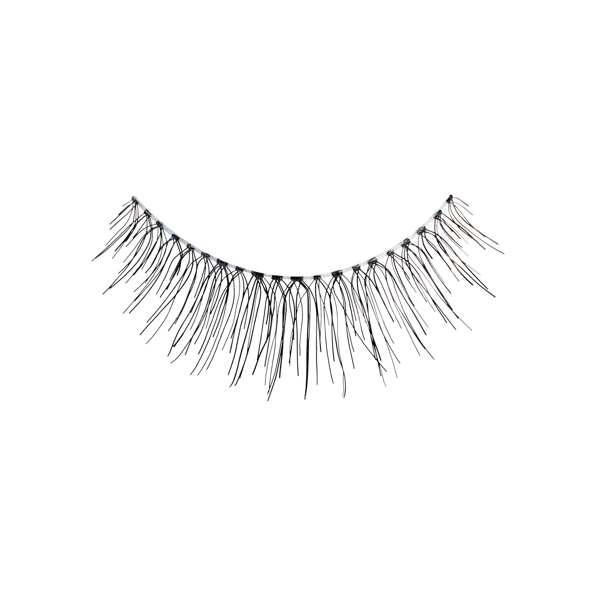 The image features a pair of false eyelashes. They are long and wispy, with a black color that gives a dramatic effect. The lashes are arranged in a curved shape, designed to enhance the natural beauty of the eyes. The strands vary in length, creating a layered look that adds volume and depth. The background is plain white, emphasizing the details of the eyelashes.
