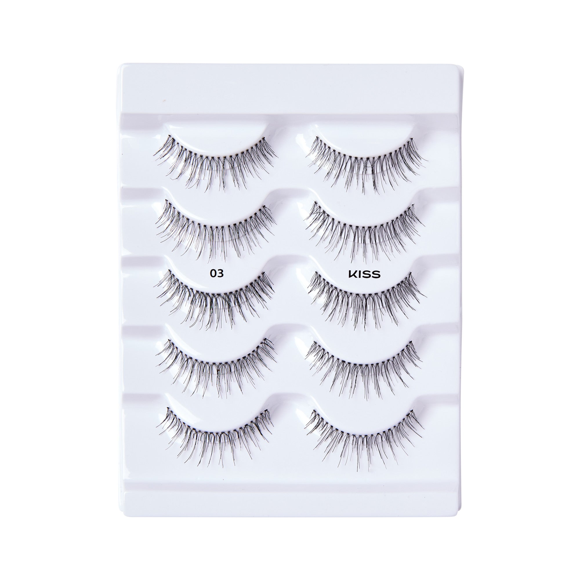 Set of five pairs of KISS Looks So Natural false eyelashes in a white plastic tray, style number 03 with natural black lashes arranged in rows.