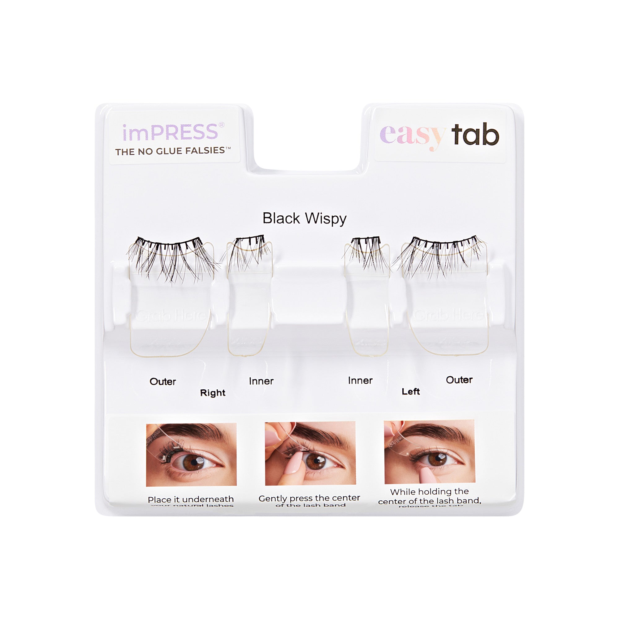 imPRESS easy tab Black Wispy false lashes with application instructions and lash placement guide.