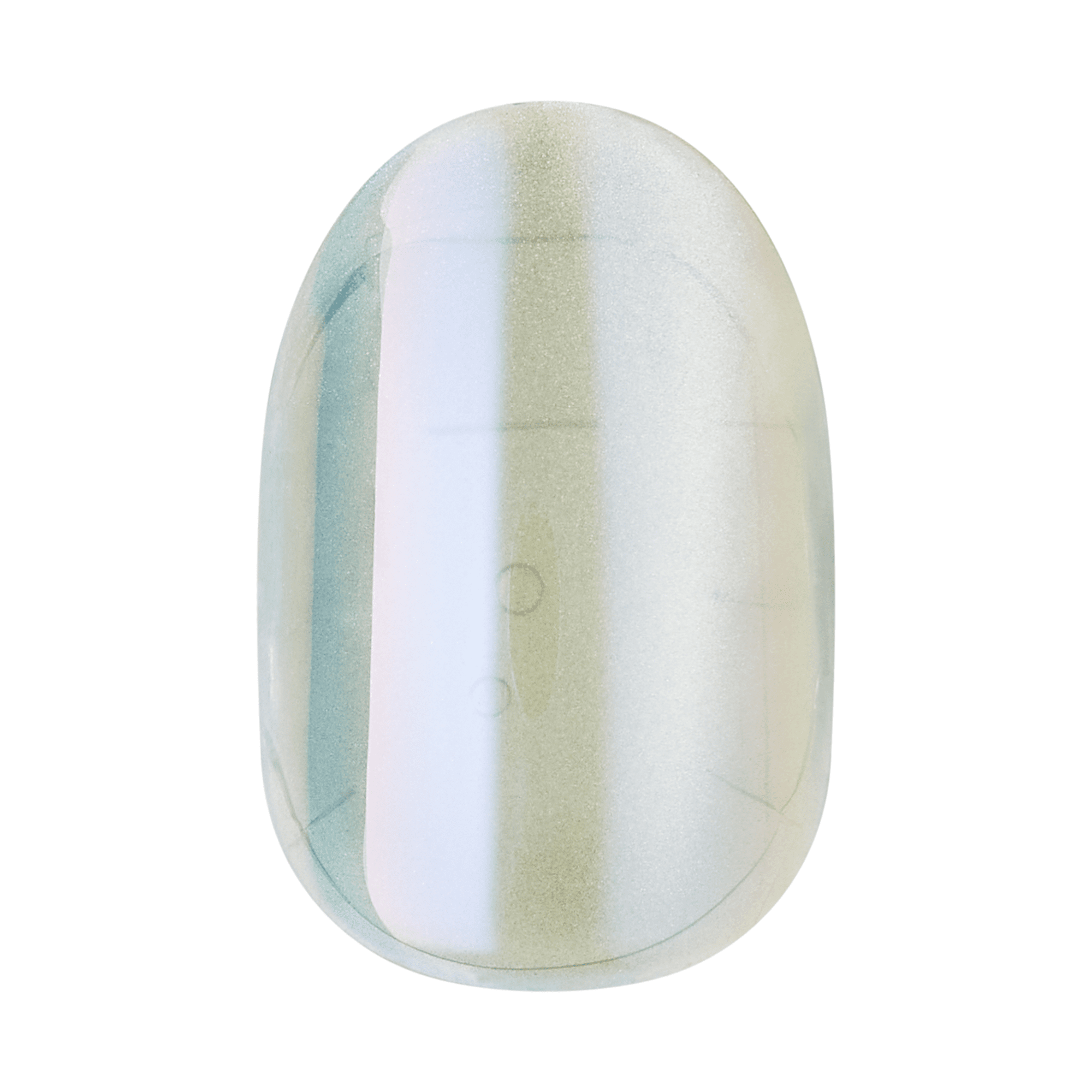 The image features a nail tip with a smooth, oval shape. The surface has a shimmering, iridescent finish that displays a blend of soft pastel colors, including hints of green, blue, and a touch of pink. The overall effect gives the nail a delicate and ethereal appearance, reminiscent of a pearl or opal. The background is plain, allowing the nail tip to stand out prominently.