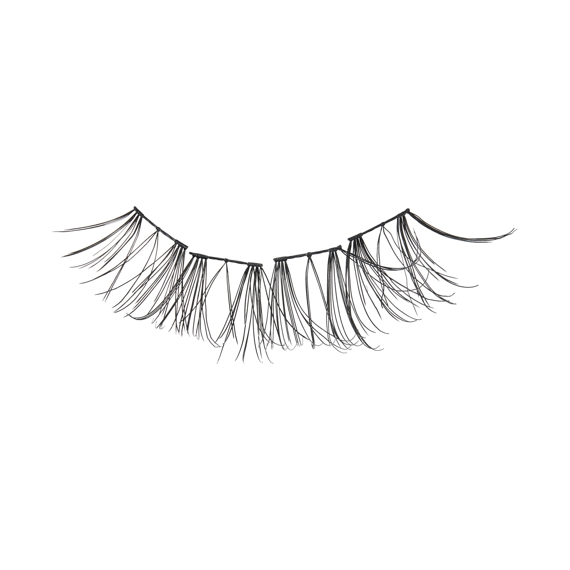 Single black wispy false eyelash with varying lengths, shown against a white background, designed to create a natural look.