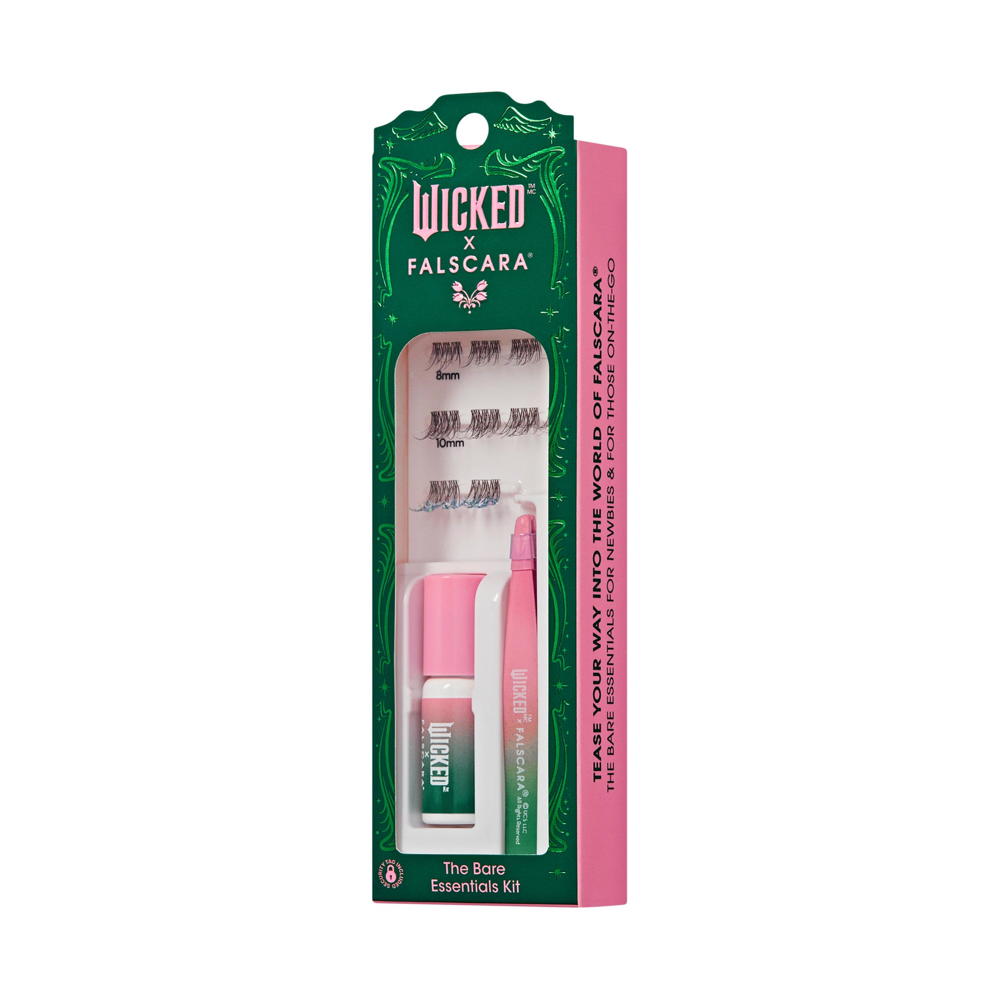 The image features a product packaging for the "Wicked x Falscara" collaboration, specifically the "Bare Essentials Kit." The kit is designed for eyelash application and includes a pair of false eyelashes, a bonding agent, and a tool for application. The packaging is predominantly green with pink accents, showcasing a whimsical design that reflects the collaboration&