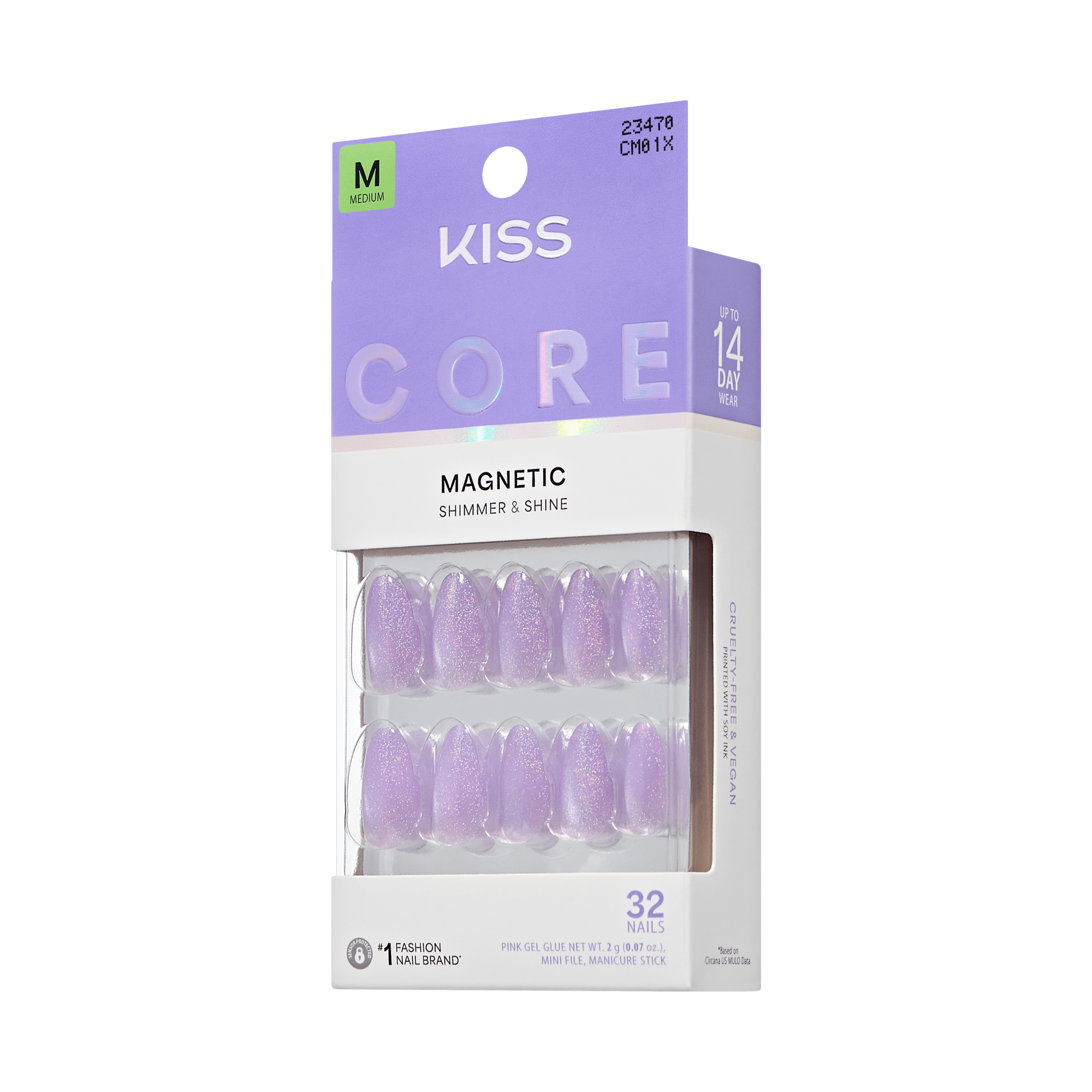 KISS Core Magnetic Shimmer & Shine press-on nails, medium size, 32 nails, purple glitter finish.