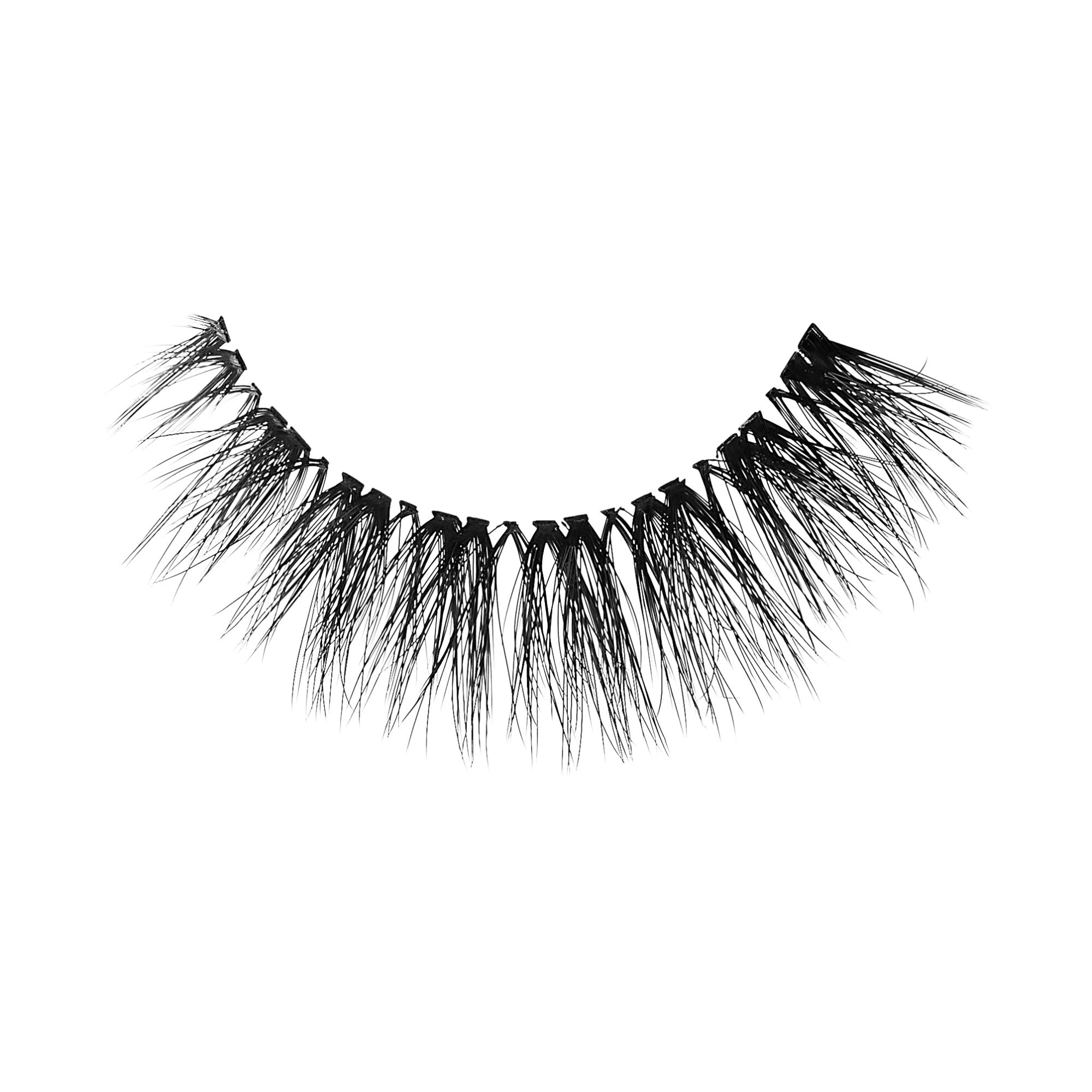 Black false eyelash strip with a wispy, crisscrossed design, shown flat on a white background for detailed view.