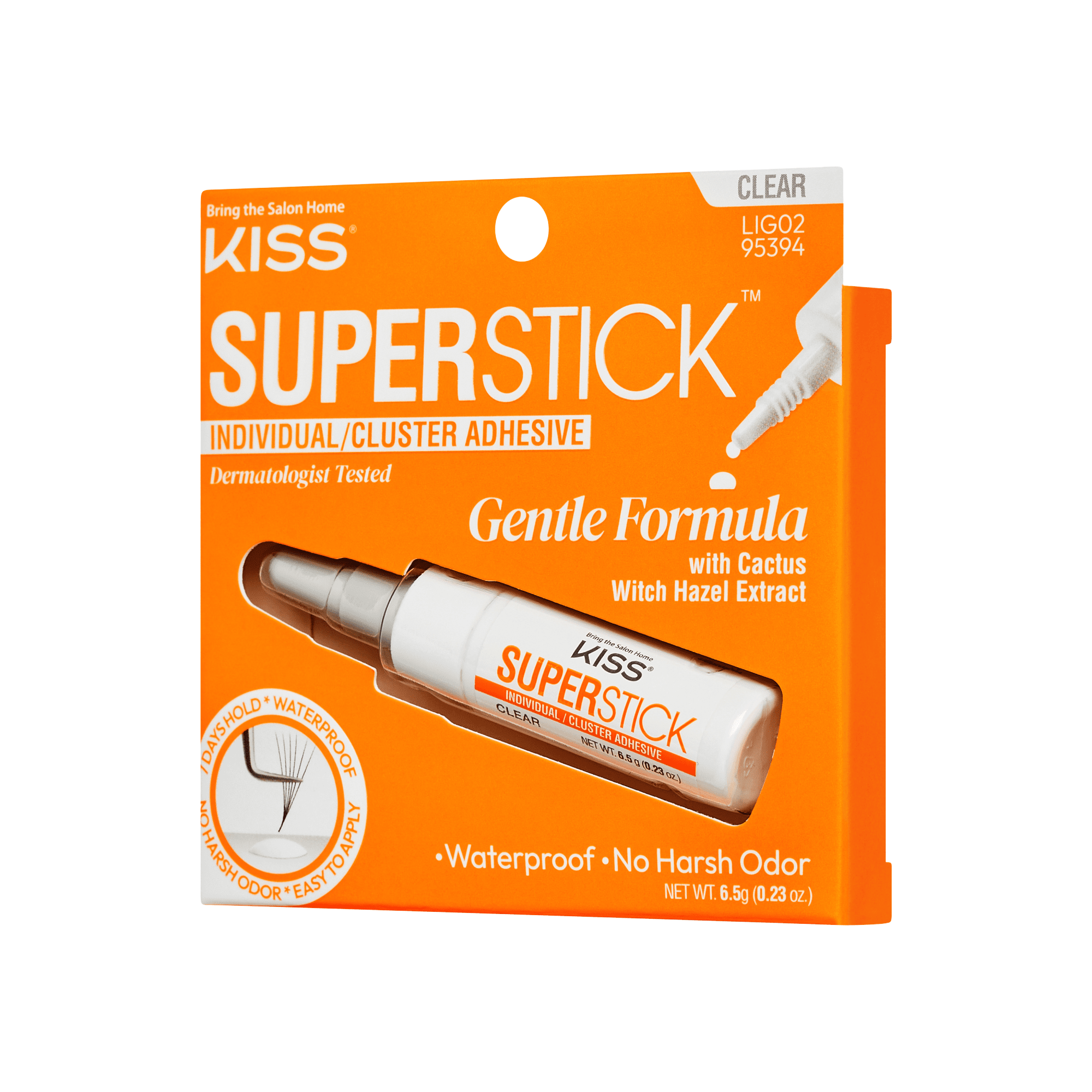 Bright orange packaging with white and orange text for KISS Superstick Individual/Cluster Lash Adhesive in clear. Bottle visible through window, labeled gentle formula with cactus and witch hazel extract.