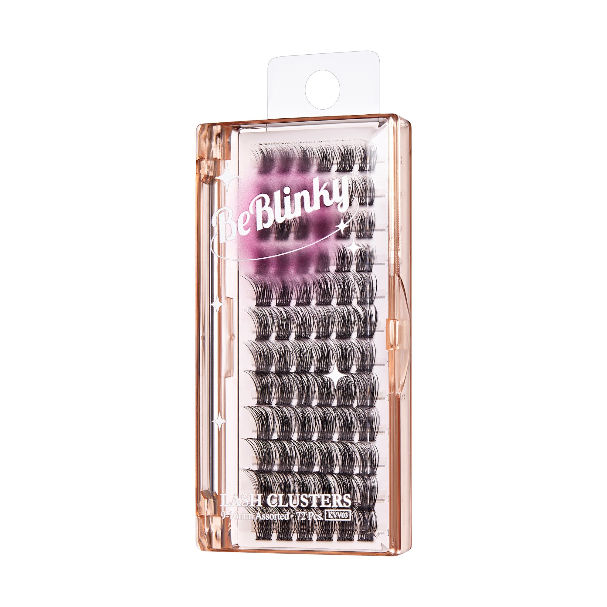 The image features a clear plastic case containing individual false eyelashes. The packaging is labeled "BeBlinky" and is designed to hold various clusters of lashes. The lashes appear to be of different lengths and styles, arranged neatly within the case. The overall aesthetic is modern and appealing, with a soft pink hue in the branding. The product is likely intended for enhancing the appearance of natural lashes for a fuller look.