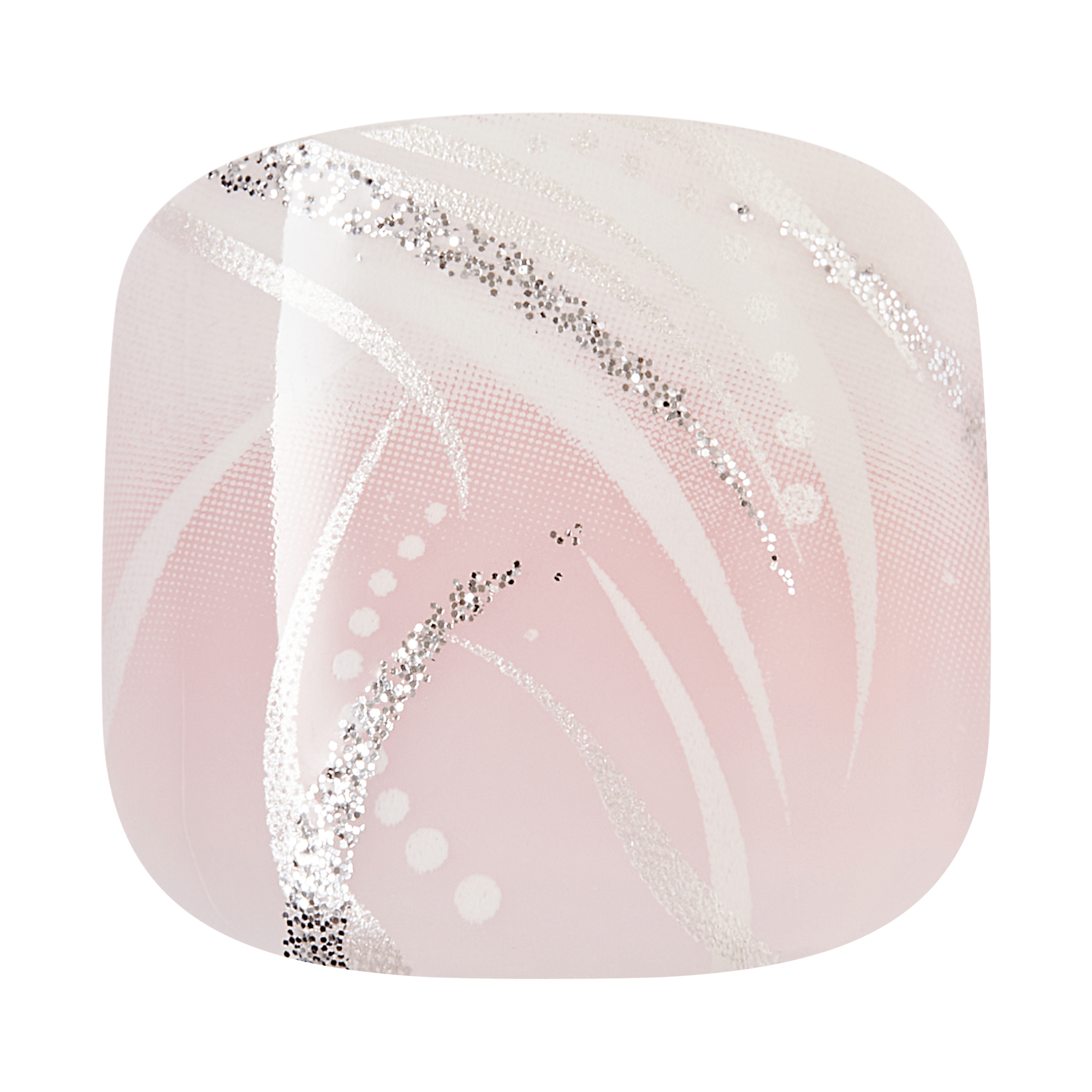 Pink square toenail with white abstract design and glitter specks on a transparent background