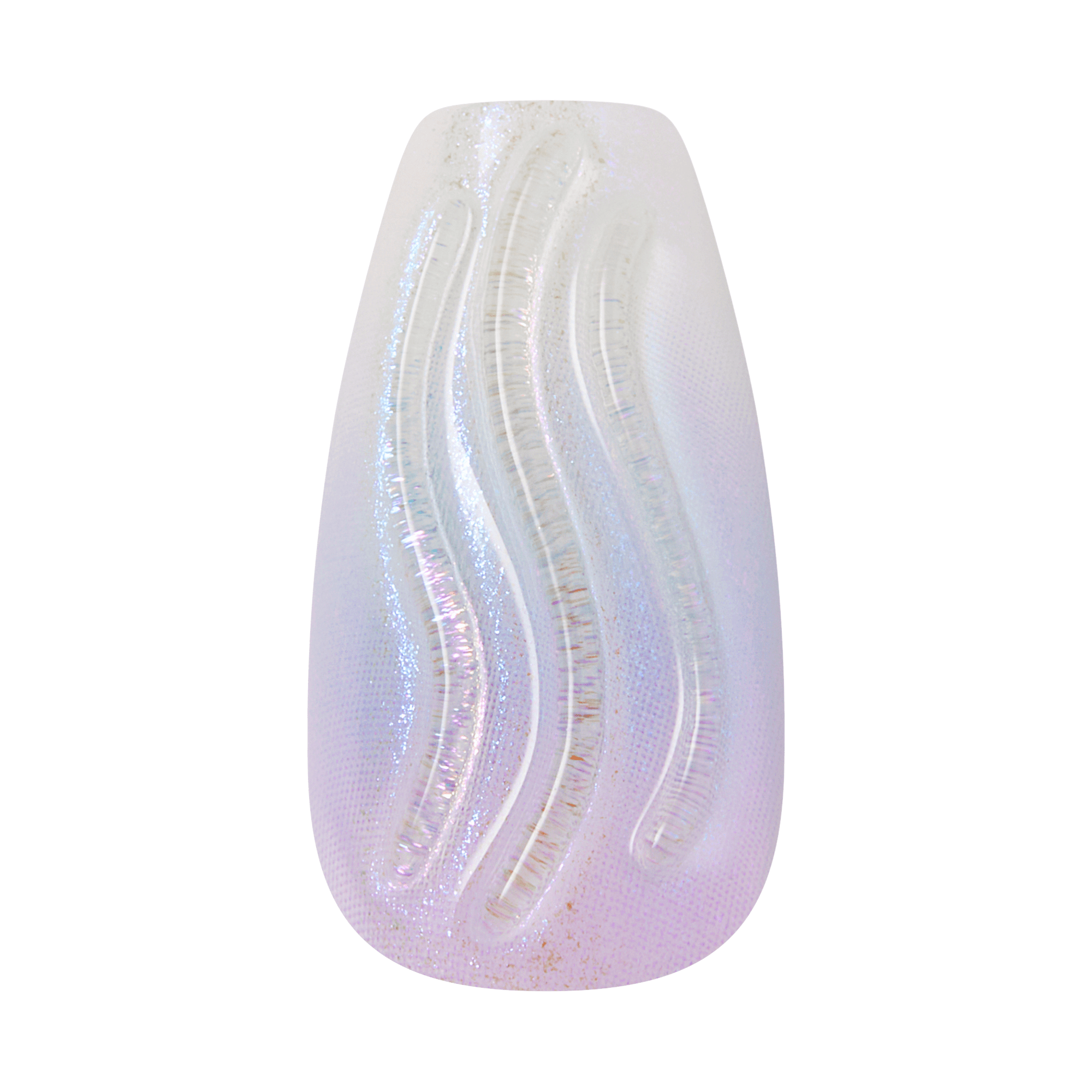 Single medium coffin-shaped iridescent pearl white press-on nail with swirl line designs on a transparent background