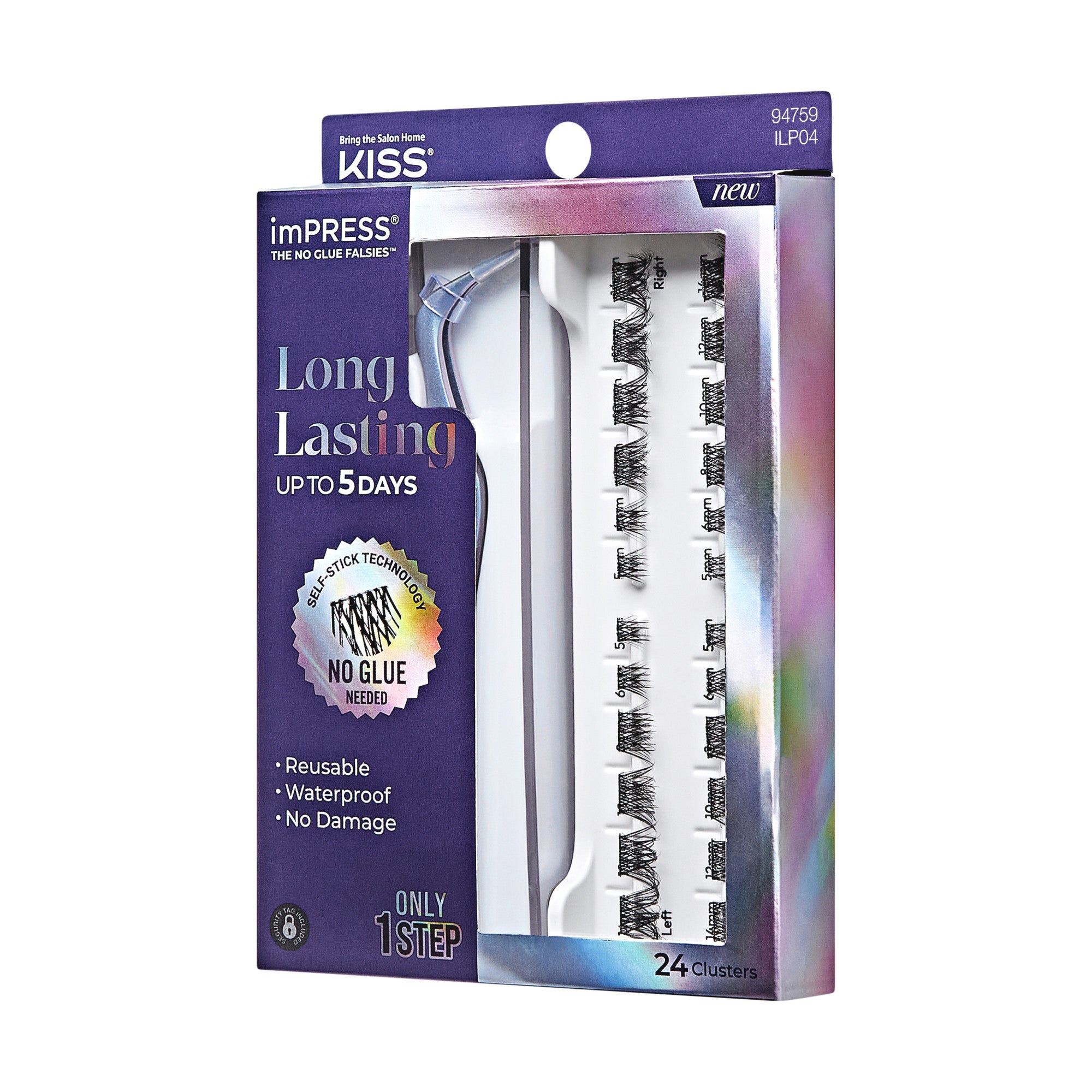 The image features a packaging for "imPRESS Long Lasting" false eyelashes by KISS. The box is designed in a vibrant purple color and highlights that the lashes can last up to 5 days. It emphasizes the use of "Smart Technology" that requires no glue for application. The packaging includes a tray with 24 clusters of lashes and a tool for easy application. Additionally, it mentions that the lashes are reusable, waterproof, and cause no damage to natural lashes.