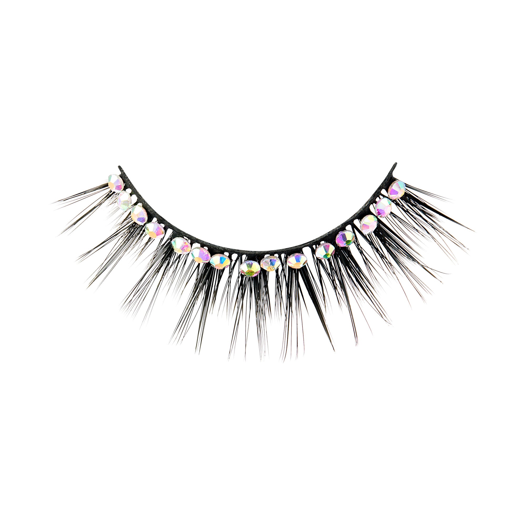 Black false eyelash strip decorated with evenly spaced, iridescent gem stickers, shown against a white background.