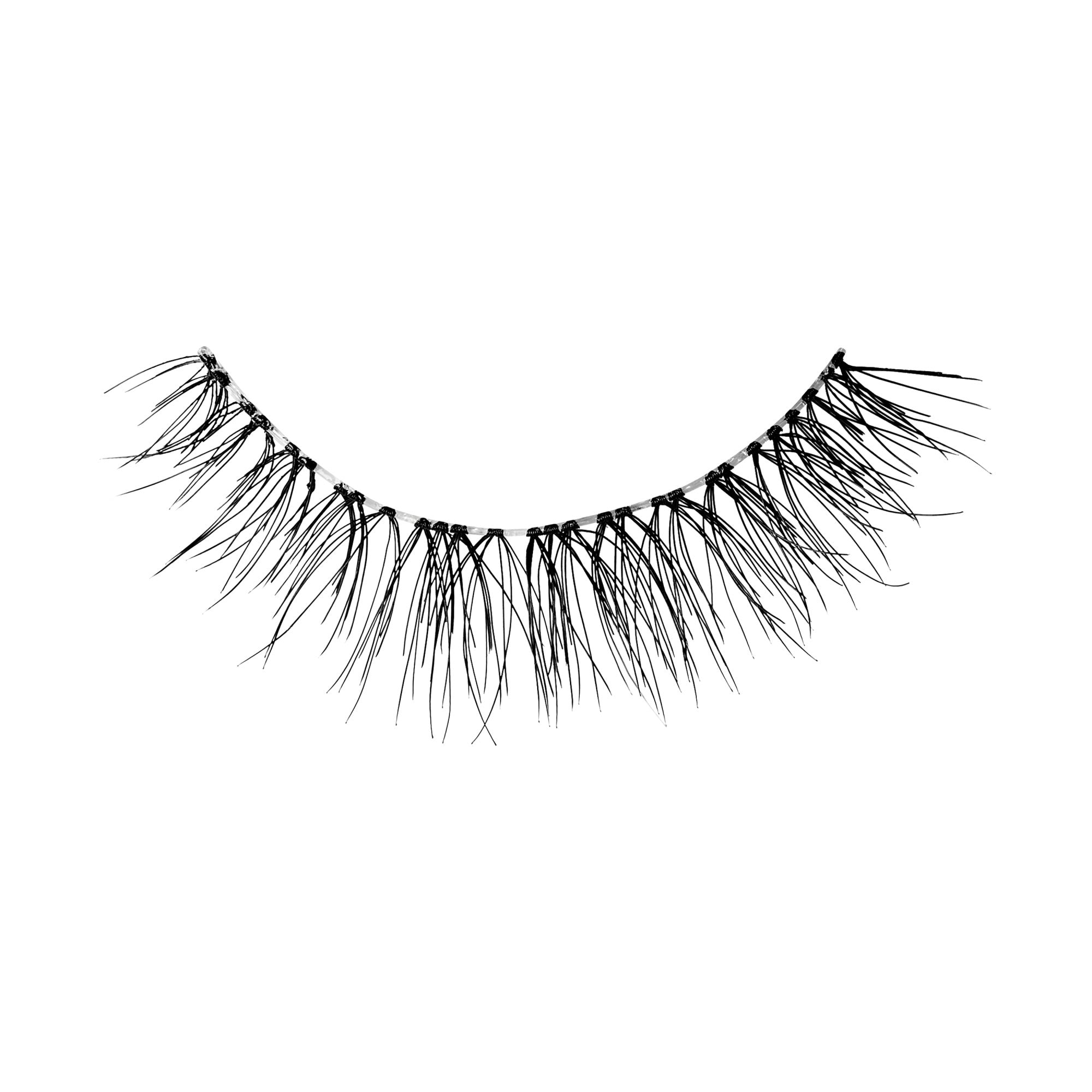 The image features a pair of false eyelashes. They are long and wispy, with a natural-looking curl. The lashes are densely clustered at the base and gradually become sparser towards the tips, creating a dramatic yet elegant effect. The overall color is black, enhancing the appearance of fullness and length. The lashes are designed to be applied to the eyelids to enhance eye makeup.