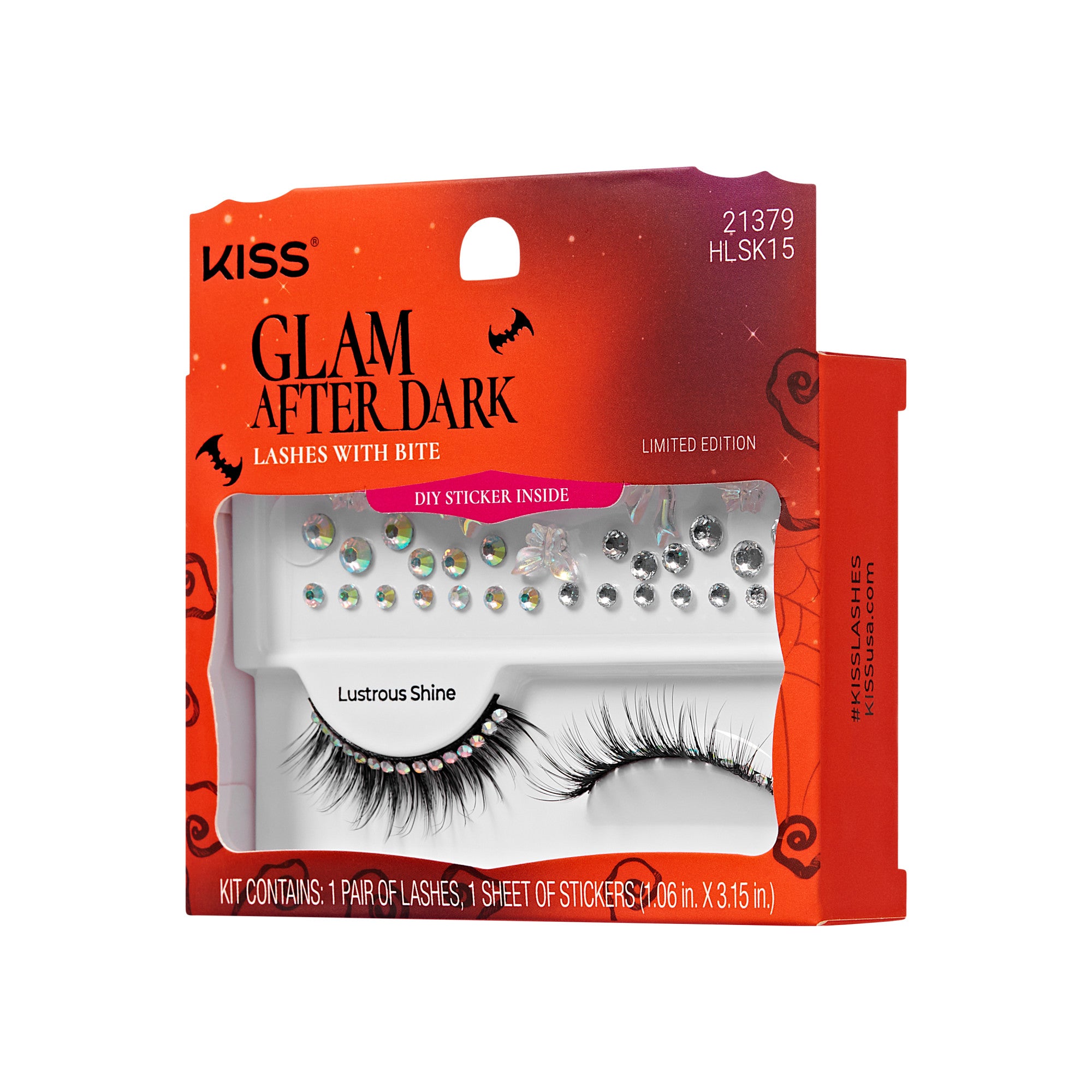 KISS Halloween-themed false eyelashes and gem sticker kit in orange-red packaging labeled \