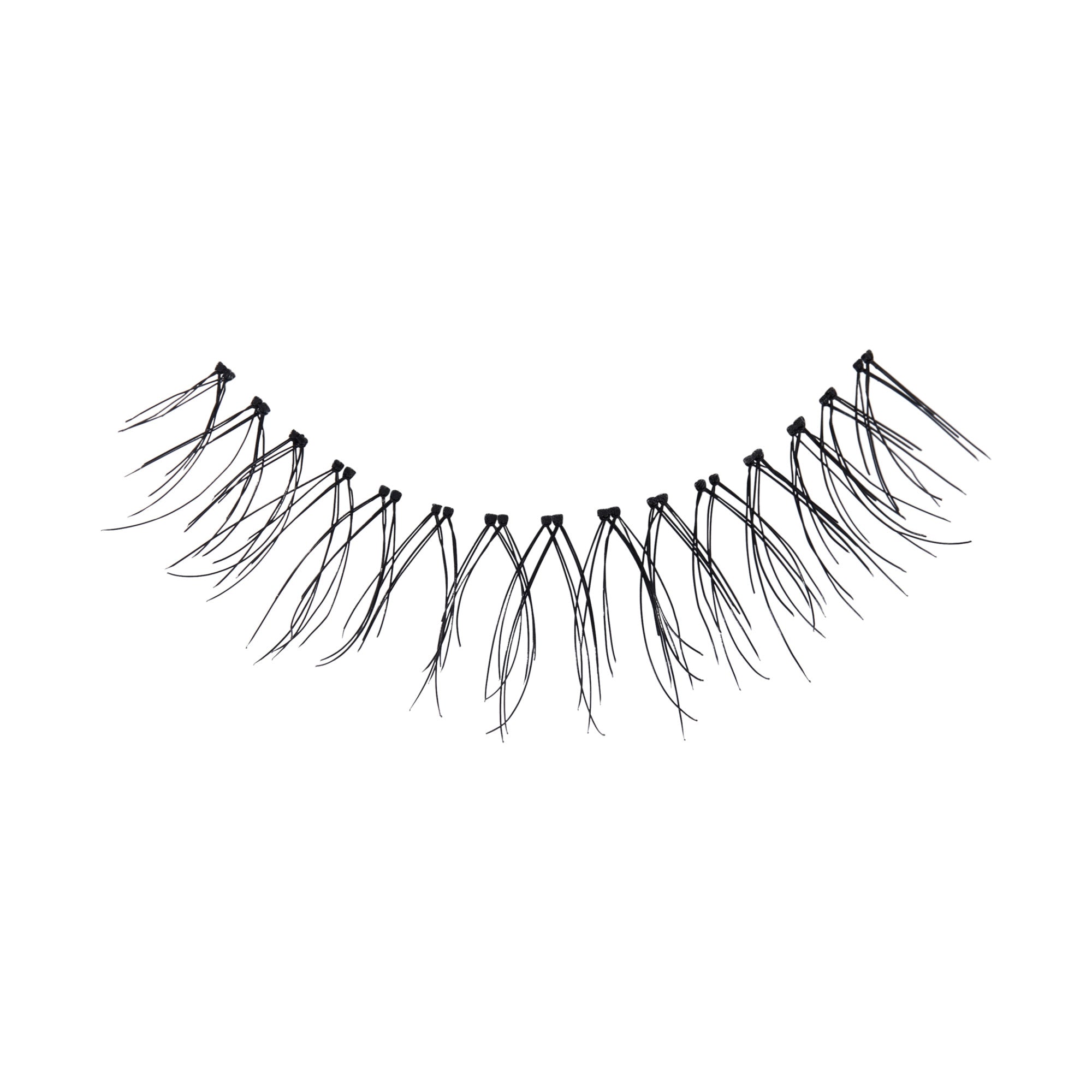 The image features a pair of false eyelashes. They are long and black, with a wispy design that gives a dramatic and voluminous look. The lashes are attached to a thin band, which is typically used for easy application. The individual strands vary in length, creating a layered effect that enhances the eyes when worn.