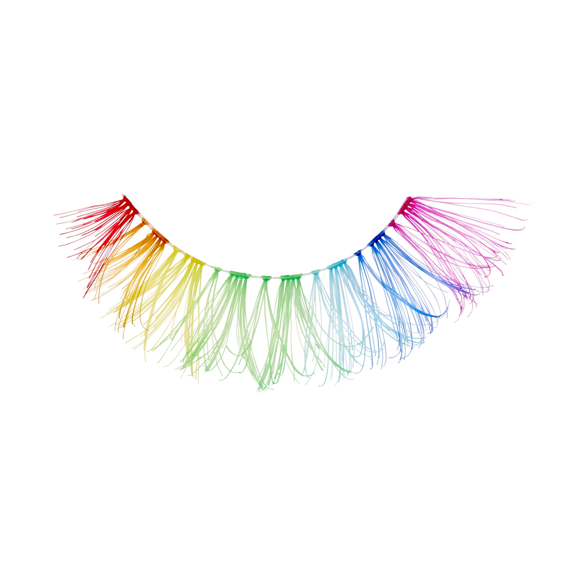 The image depicts a single false eyelash designed with a rainbow color scheme. The eyelash features a gradient of colors transitioning smoothly from red on one end, through orange, yellow, green, blue, and finally to purple on the other end. The individual strands of the eyelash are fine and delicate, creating a vibrant and eye-catching effect. The background is plain white, which highlights the colorful design of the eyelash.